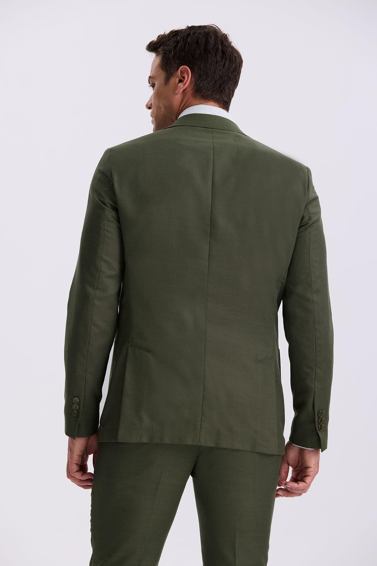 JAKAMEN Haki Slim Fit Mono Yaka Kumaş Çift Yırtmaç Torba Cepli Takım Elbise görsel 4