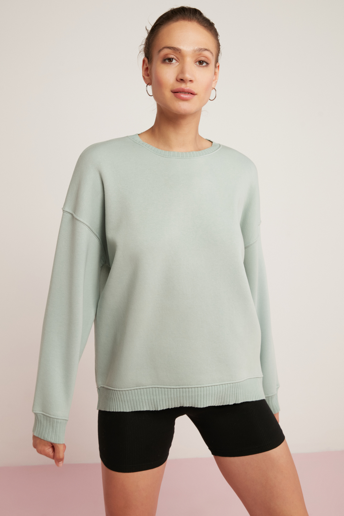 ETHIQUET BRENDA Kadın İçi Polarlı Yumuşacık Yuvarlak Yaka Kaşkorse Detaylı Oversize Fit MİNT YEŞİL Sweatshirt
