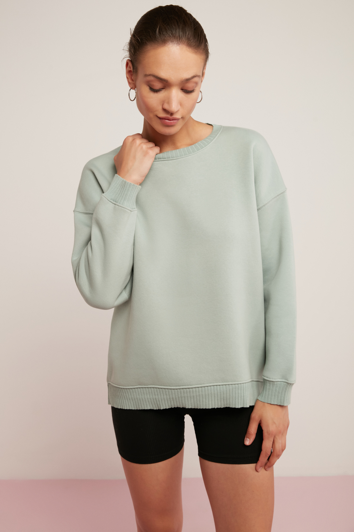 ETHIQUET BRENDA Kadın İçi Polarlı Yumuşacık Yuvarlak Yaka Kaşkorse Detaylı Oversize Fit MİNT YEŞİL Sweatshirt görsel 2