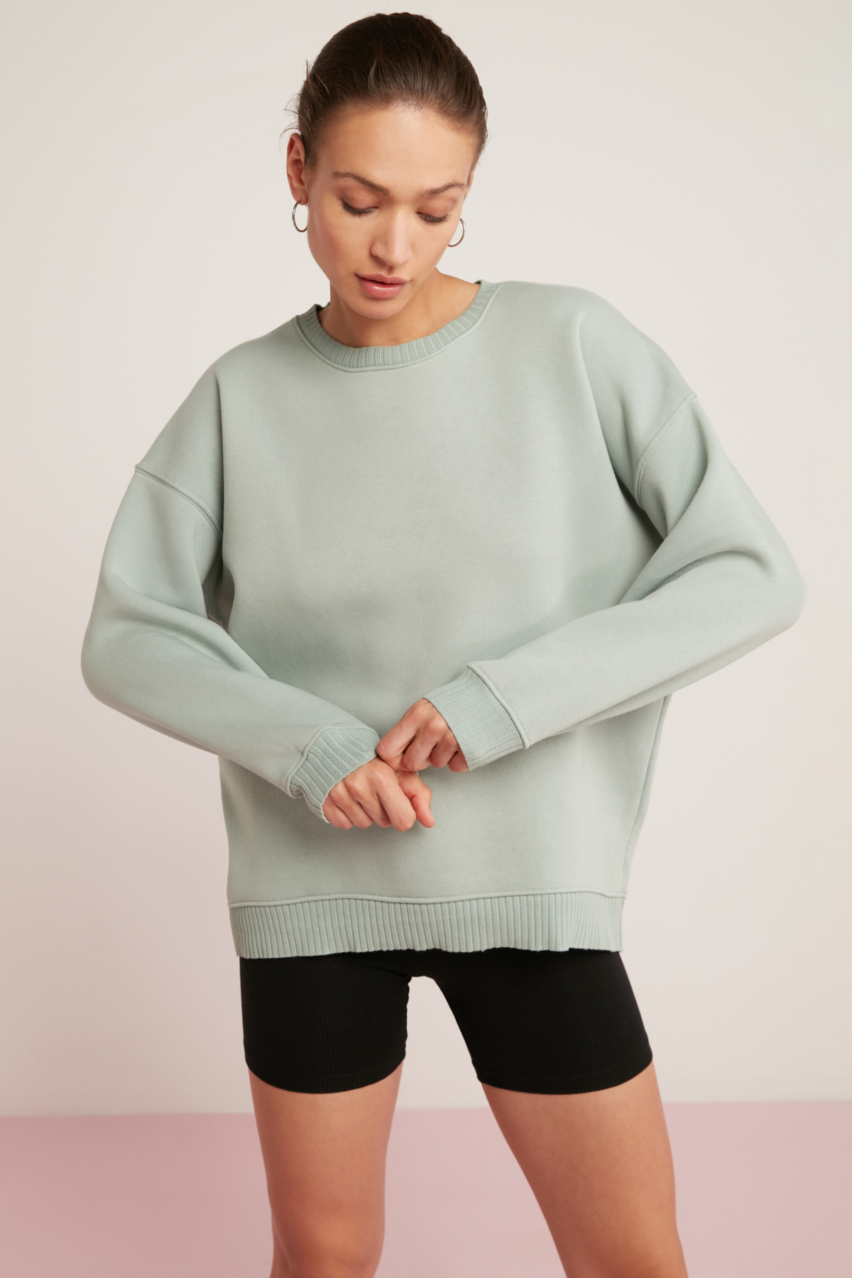 ETHIQUET BRENDA Kadın İçi Polarlı Yumuşacık Yuvarlak Yaka Kaşkorse Detaylı Oversize Fit MİNT YEŞİL Sweatshirt görsel 3