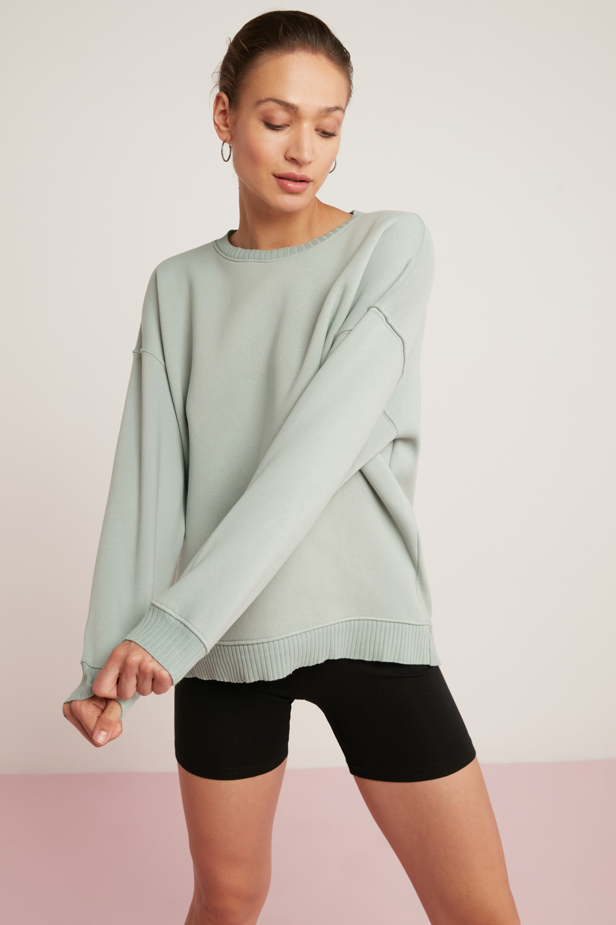ETHIQUET BRENDA Kadın İçi Polarlı Yumuşacık Yuvarlak Yaka Kaşkorse Detaylı Oversize Fit MİNT YEŞİL Sweatshirt görsel 4