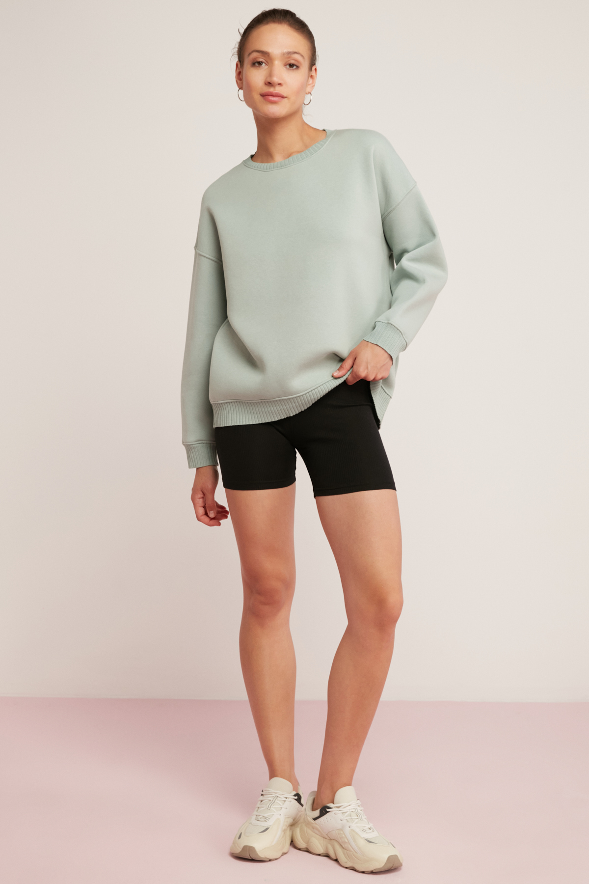 ETHIQUET BRENDA Kadın İçi Polarlı Yumuşacık Yuvarlak Yaka Kaşkorse Detaylı Oversize Fit MİNT YEŞİL Sweatshirt görsel 5