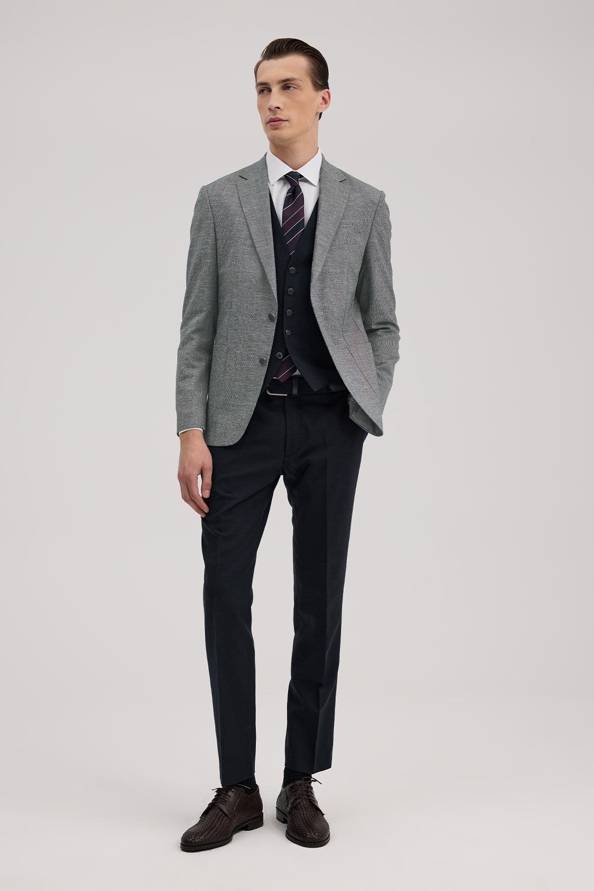 JAKAMEN Lacivert Slim Fit Mono Yaka Yelekli Keten Karışımllı Takım Elbise