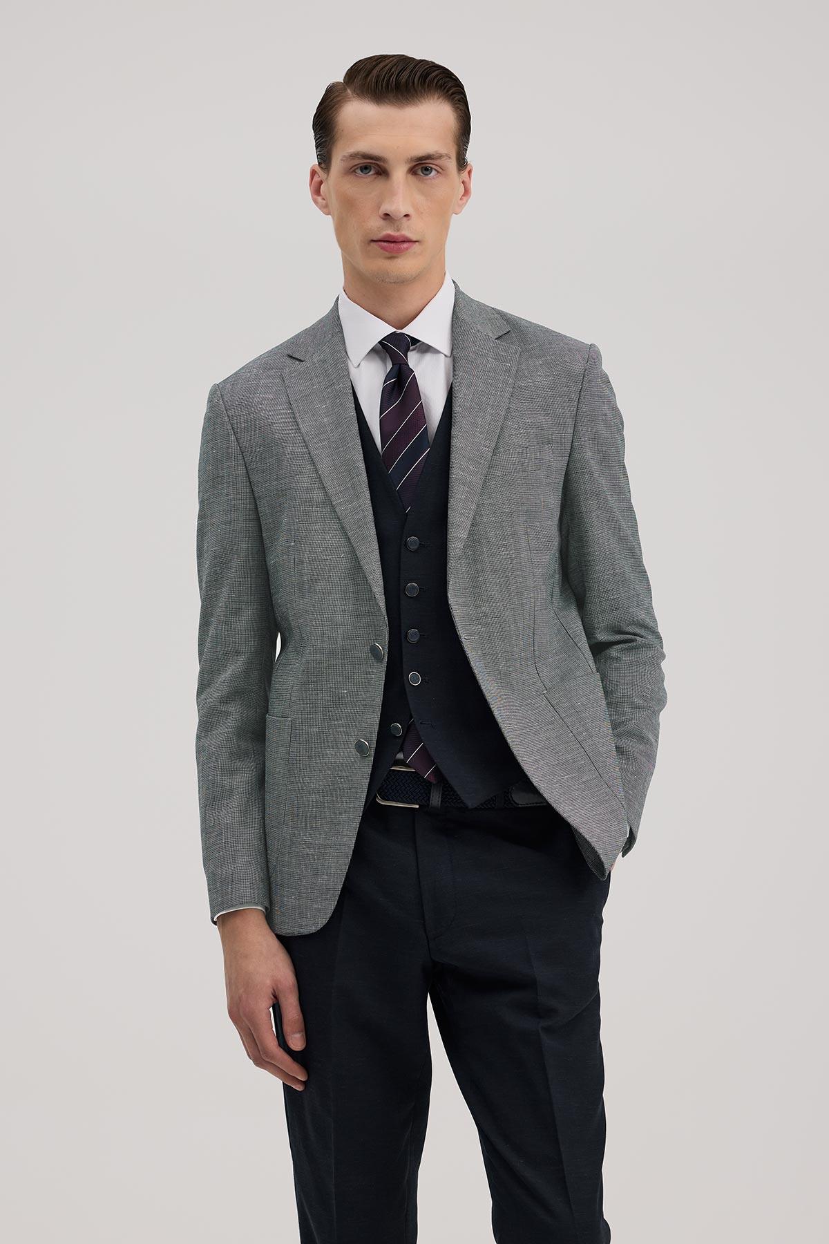 JAKAMEN Lacivert Slim Fit Mono Yaka Yelekli Keten Karışımllı Takım Elbise görsel 2