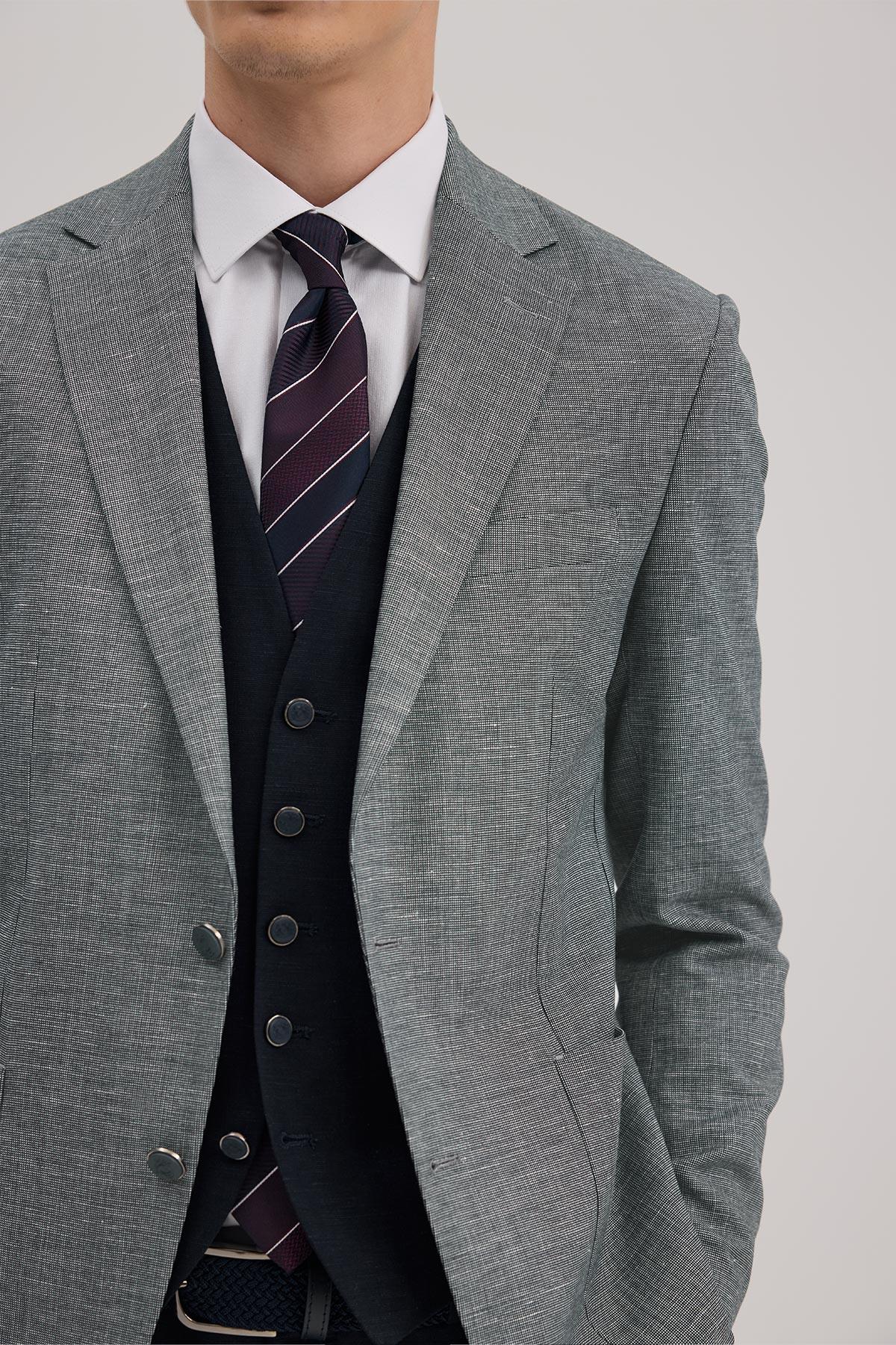 JAKAMEN Lacivert Slim Fit Mono Yaka Yelekli Keten Karışımllı Takım Elbise görsel 3