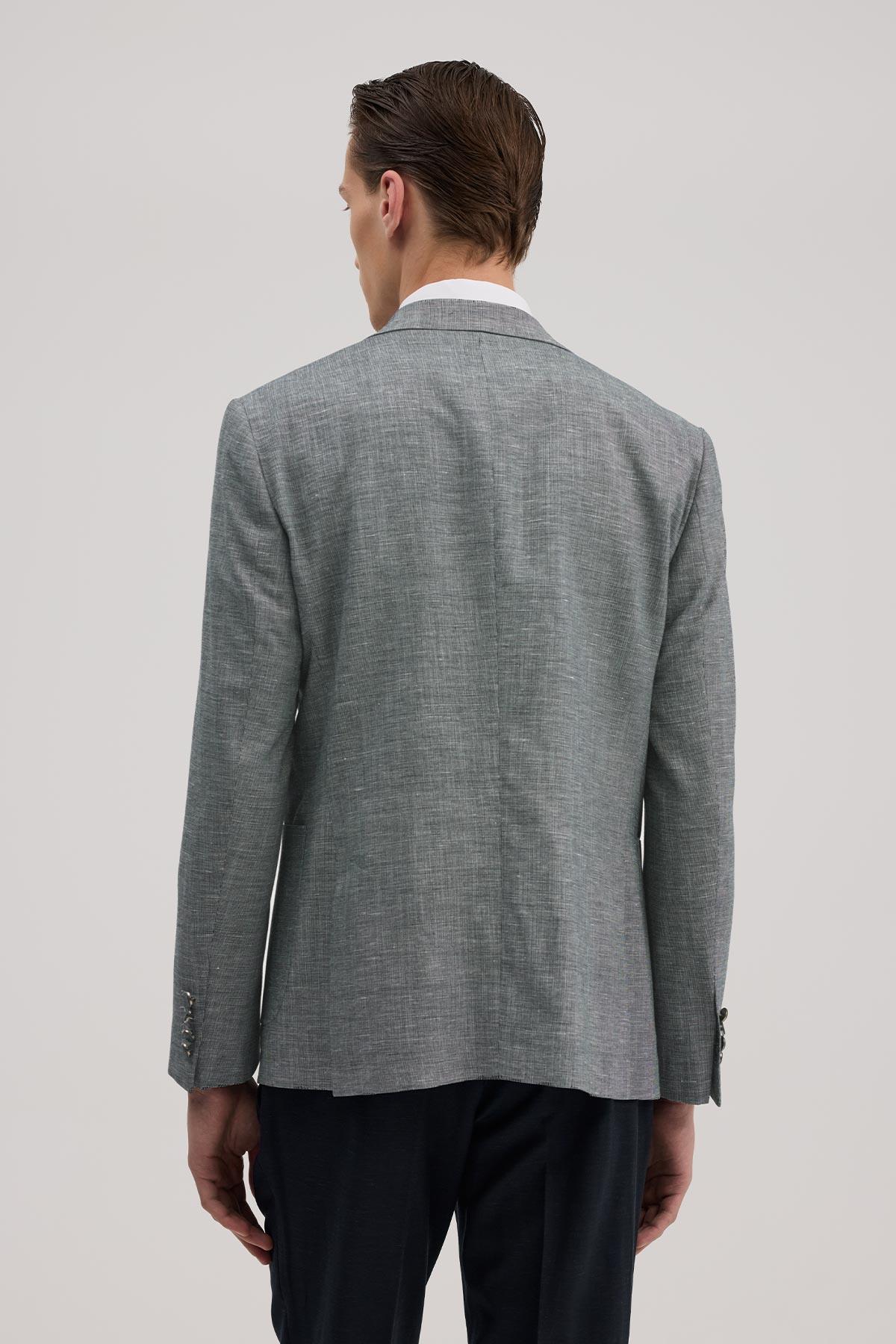 JAKAMEN Lacivert Slim Fit Mono Yaka Yelekli Keten Karışımllı Takım Elbise görsel 4