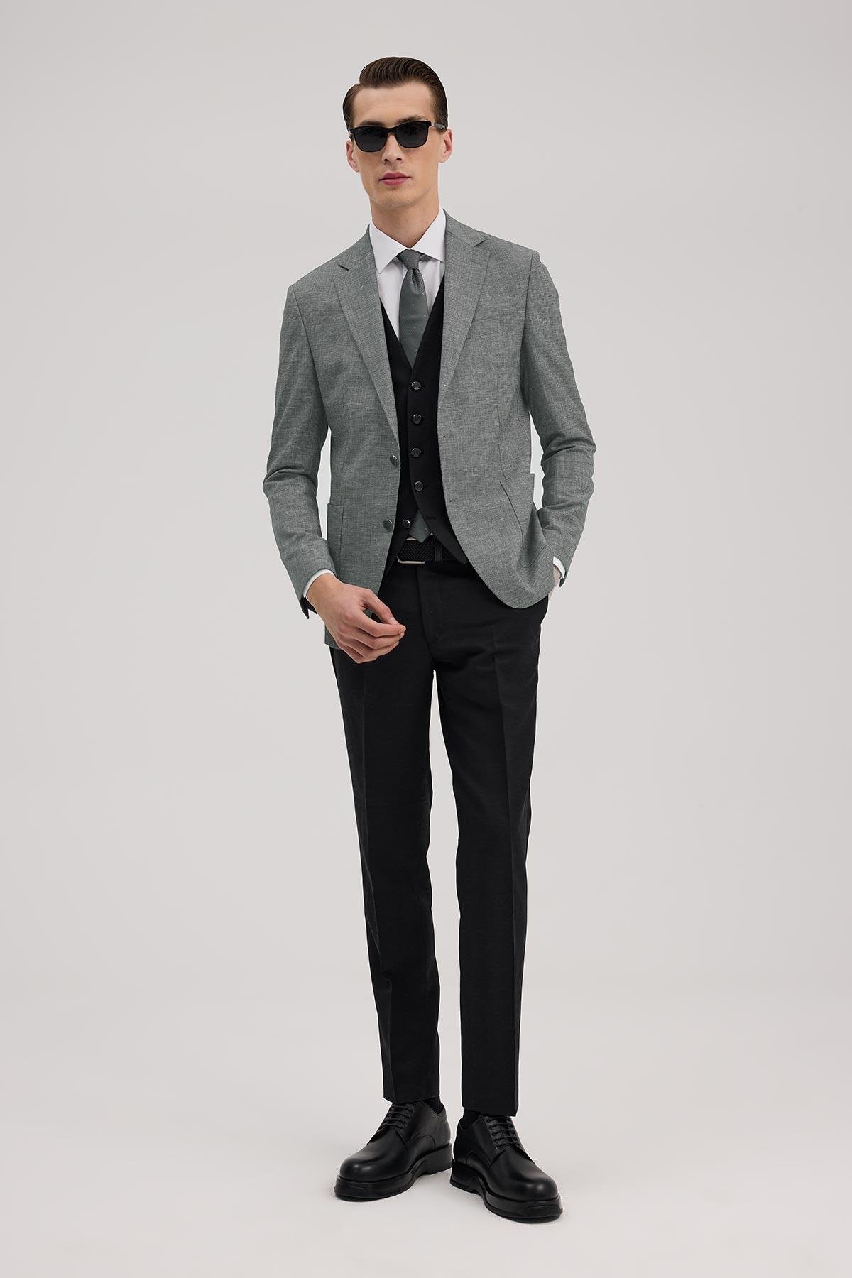 JAKAMEN Siyah Slim Fit Mono Yaka Yelekli Kombinli Takım Elbise
