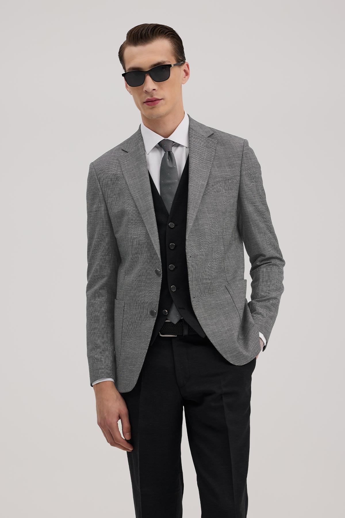 JAKAMEN Siyah Slim Fit Mono Yaka Yelekli Kombinli Takım Elbise görsel 2
