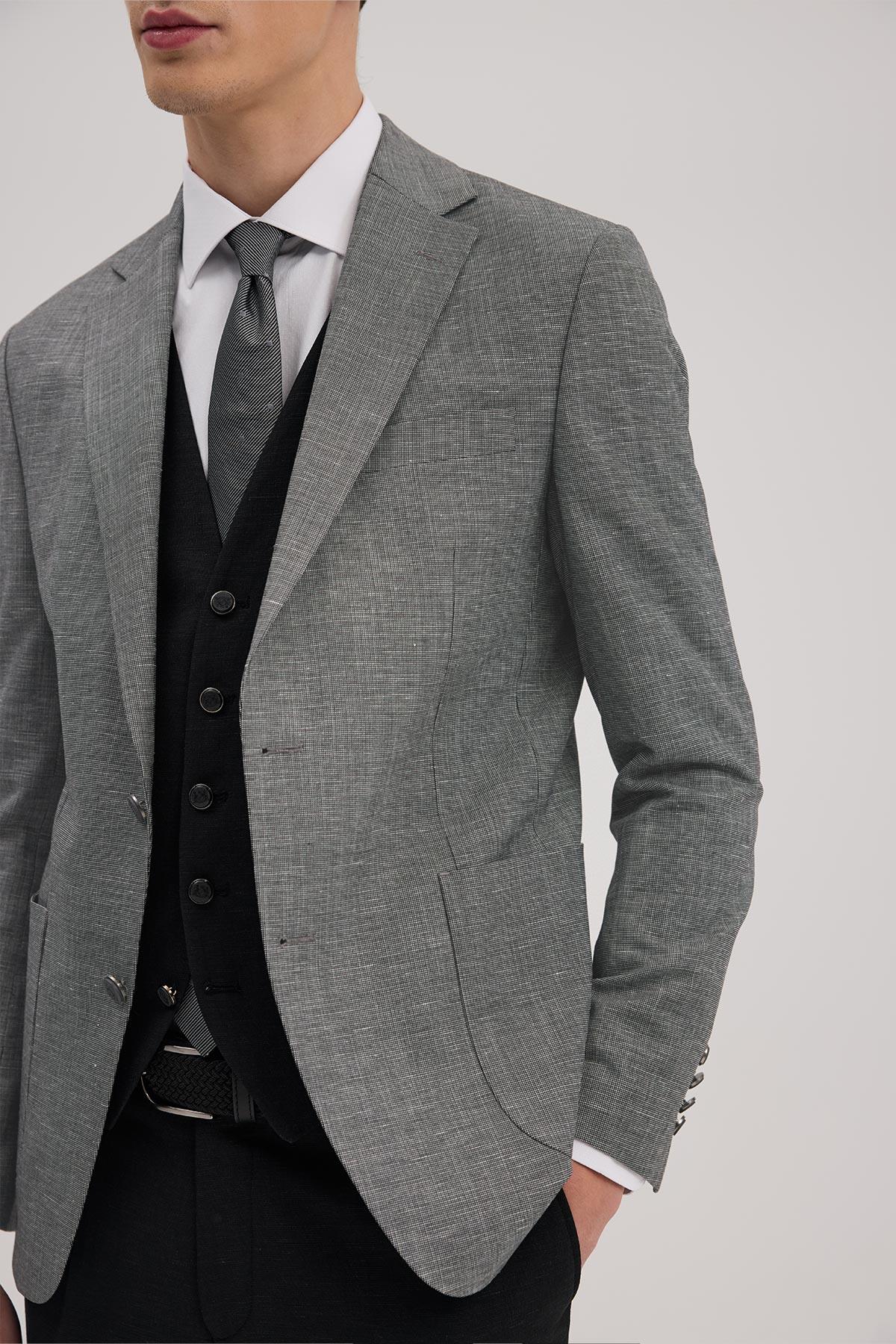 JAKAMEN Siyah Slim Fit Mono Yaka Yelekli Kombinli Takım Elbise görsel 3