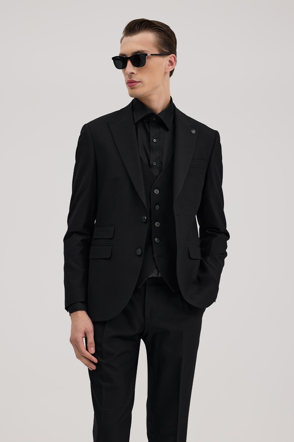 JAKAMEN Siyah Slim Fit Kırlangıç Yaka Yelekli Takım Elbise görsel 2