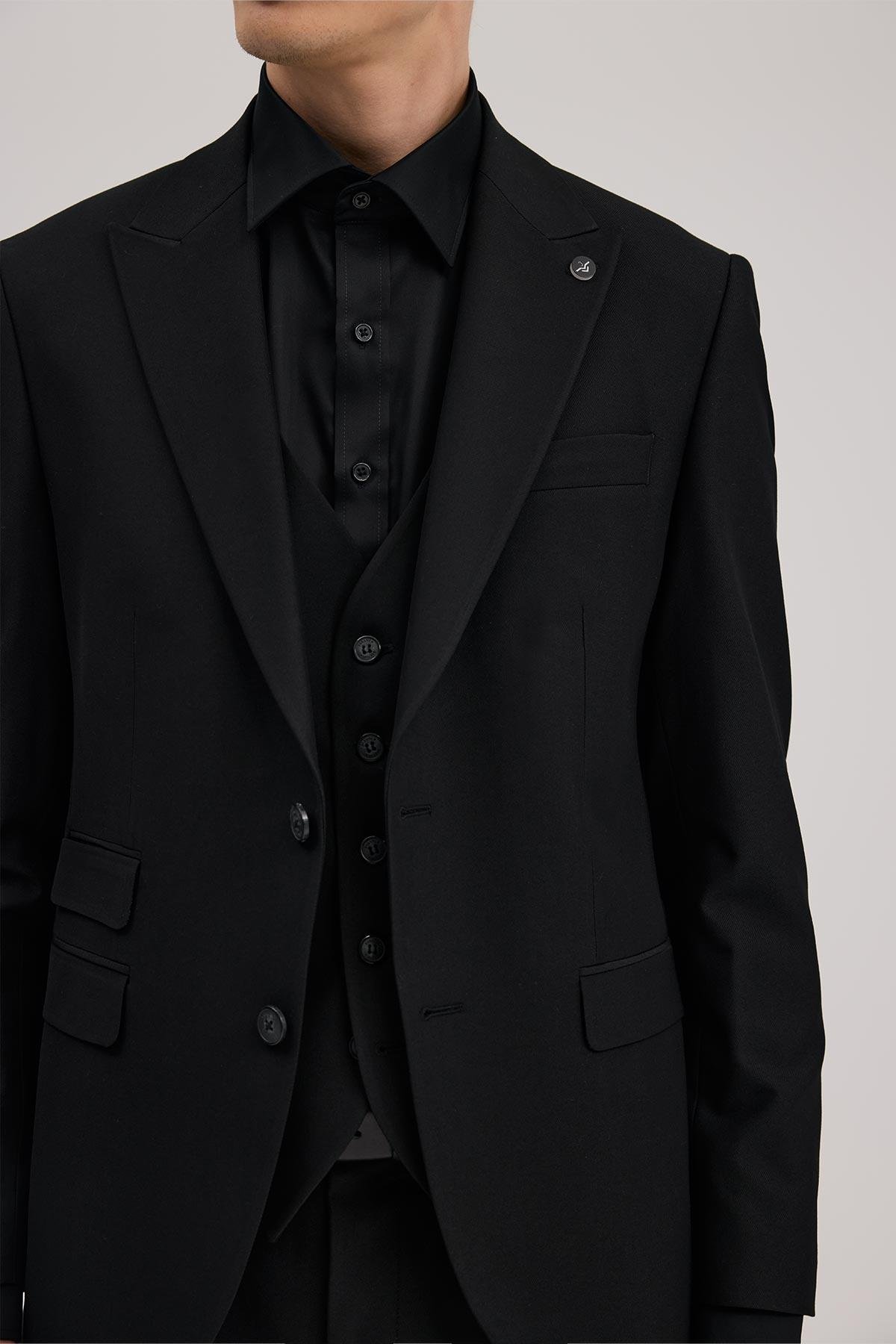JAKAMEN Siyah Slim Fit Kırlangıç Yaka Yelekli Takım Elbise görsel 3