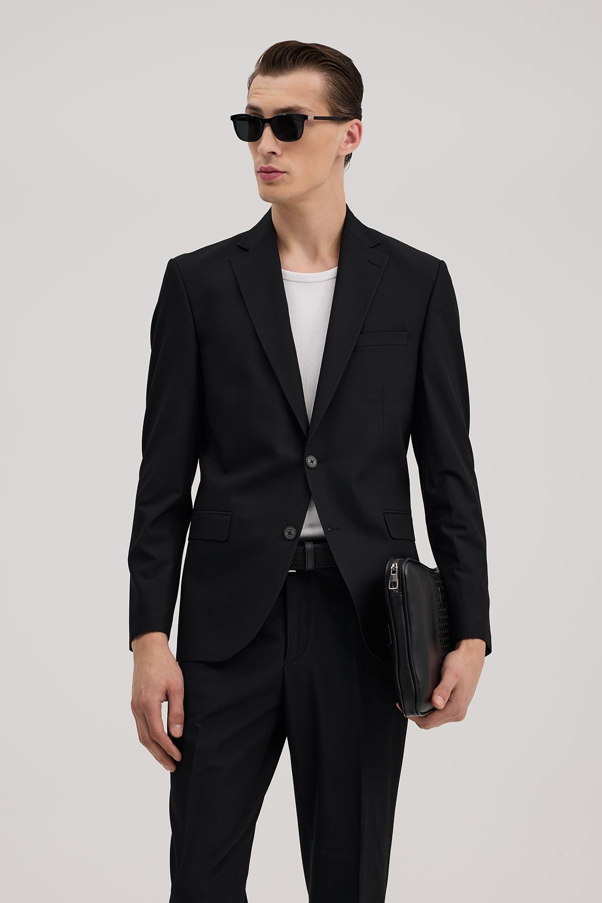 JAKAMEN Siyah Slim Fit Mono Yaka Takım Elbise