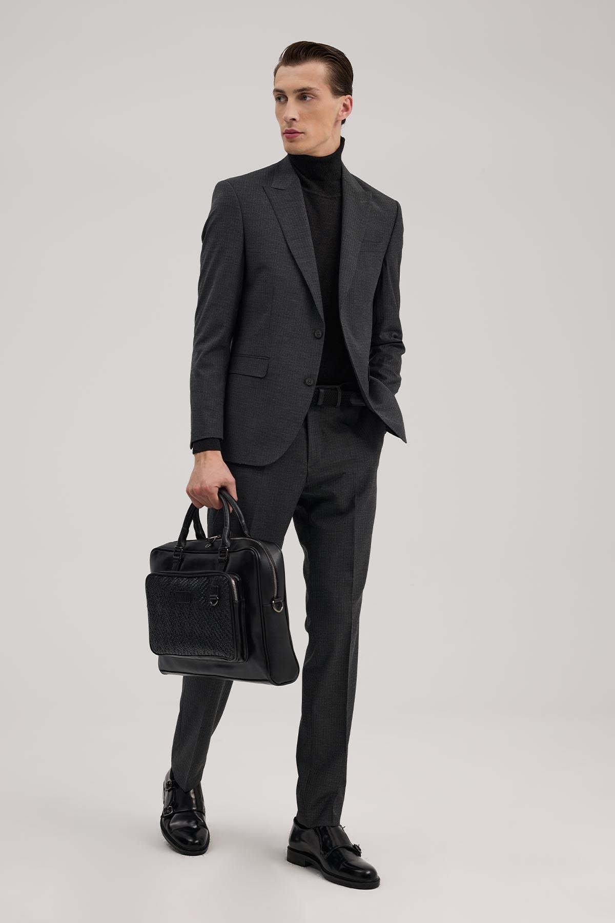 JAKAMEN Antrasit Slim Fit Kırlangıç Yaka Çizgili Takım Elbise