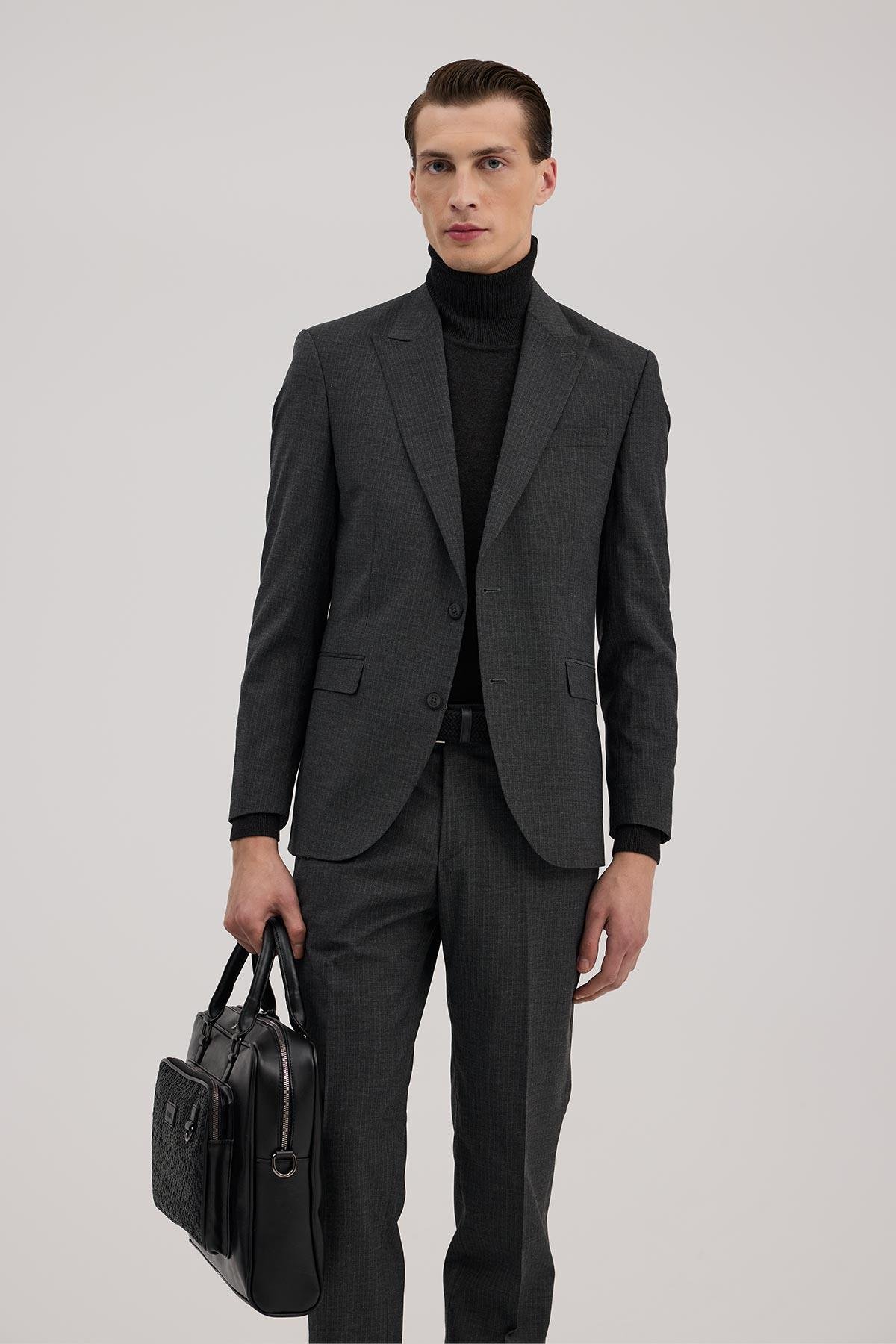 JAKAMEN Antrasit Slim Fit Kırlangıç Yaka Çizgili Takım Elbise görsel 2