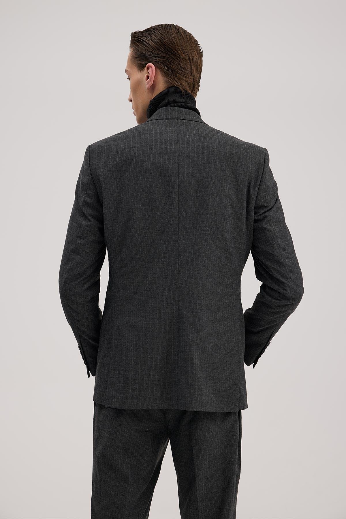 JAKAMEN Antrasit Slim Fit Kırlangıç Yaka Çizgili Takım Elbise görsel 5