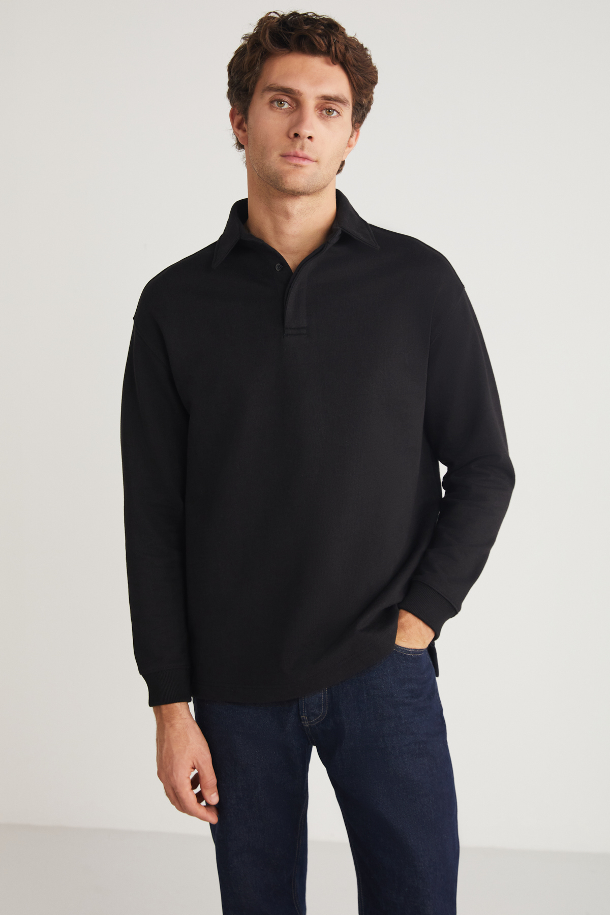 GRIMELANGE Erkek Polo Sweat Gömlek Yakalı Organik Pamuklu Yırtmaçlı İçi Polarsız SİYAH Sweatshirt