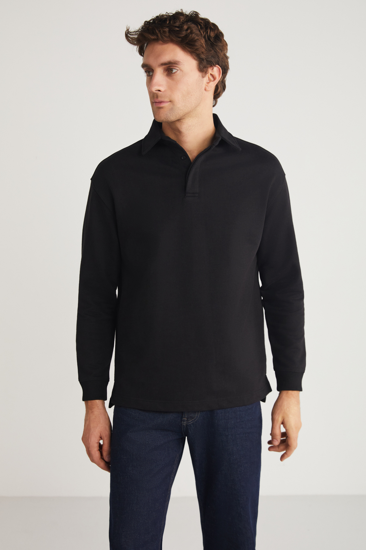 GRIMELANGE Erkek Polo Sweat Gömlek Yakalı Organik Pamuklu Yırtmaçlı İçi Polarsız SİYAH Sweatshirt görsel 2