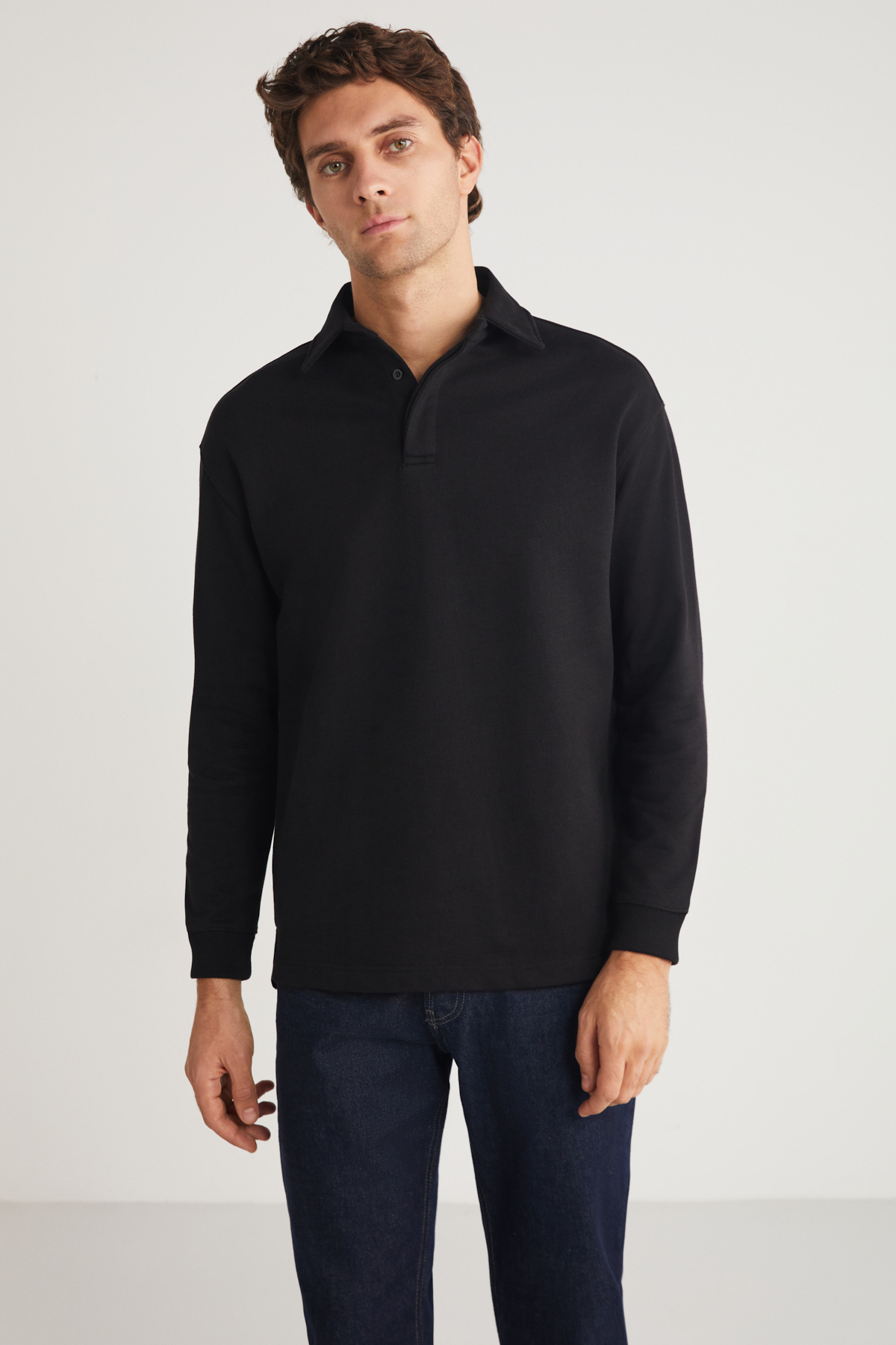 GRIMELANGE Erkek Polo Sweat Gömlek Yakalı Organik Pamuklu Yırtmaçlı İçi Polarsız SİYAH Sweatshirt görsel 4