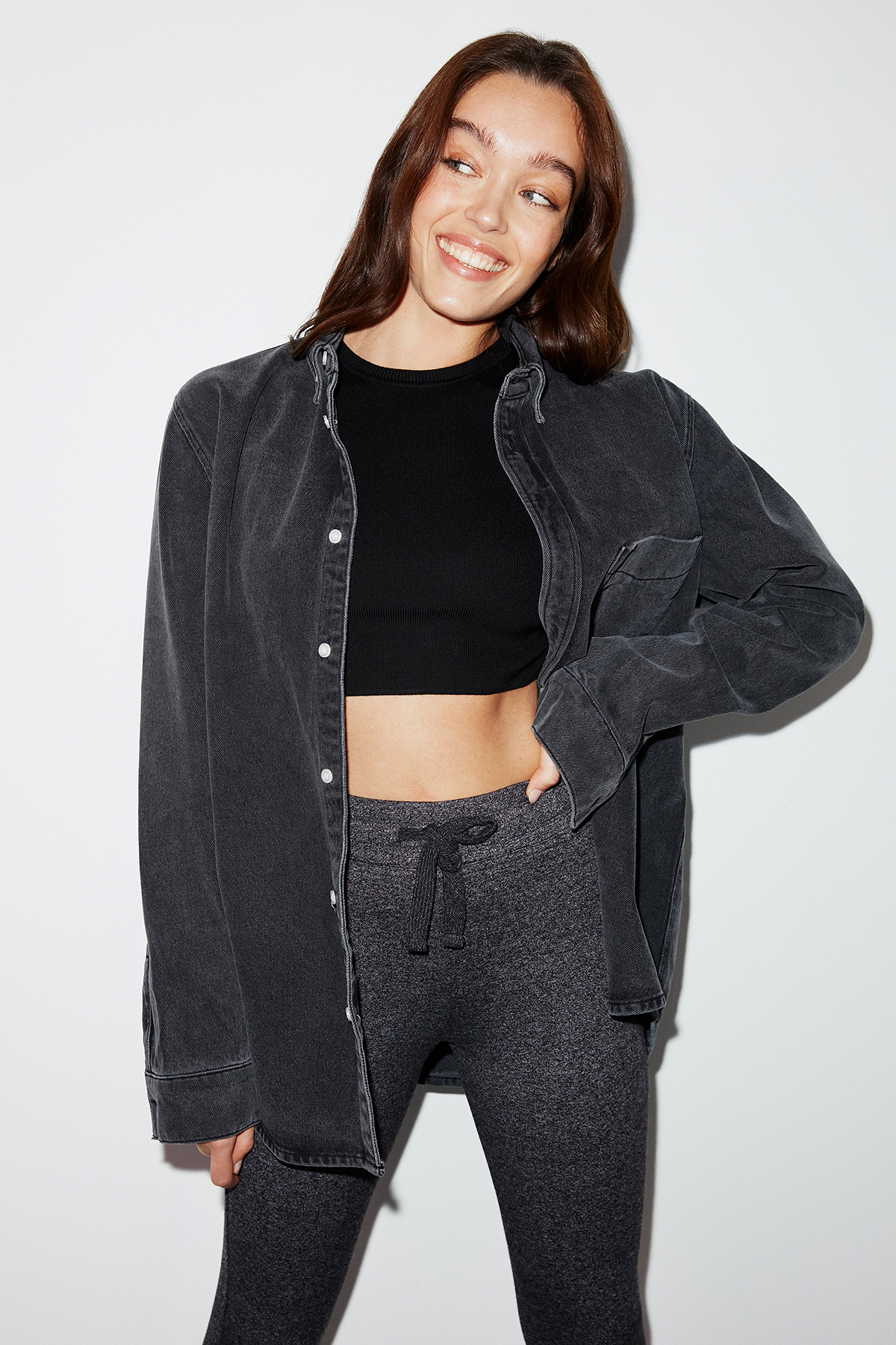 GRIMELANGE Judy Kadın Slim Fit Beli Lastikli Bağlamalı Basic ANTRASİT Tayt görsel 3