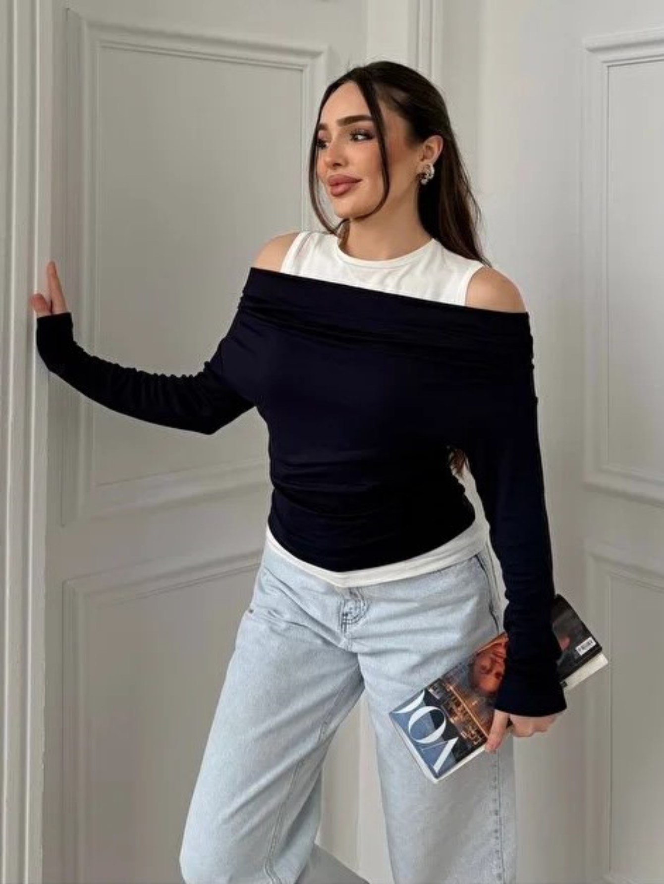 ginger love Kadın Omuz Pile Detaylı Kayık Yaka Atlet detaylı Yeni Sezon Sweatshirt Lacivert görsel 2