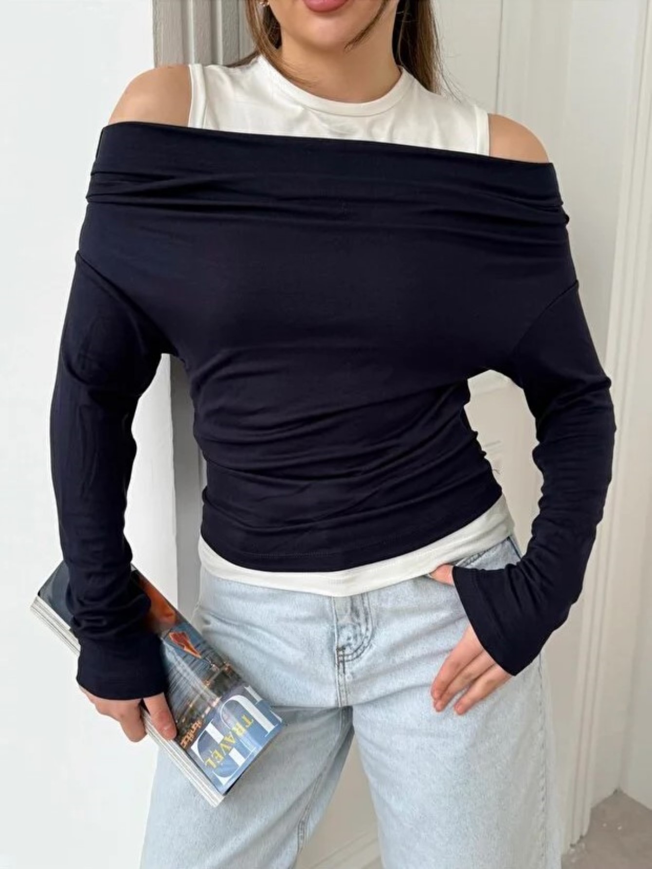ginger love Kadın Omuz Pile Detaylı Kayık Yaka Atlet detaylı Yeni Sezon Sweatshirt Lacivert görsel 3