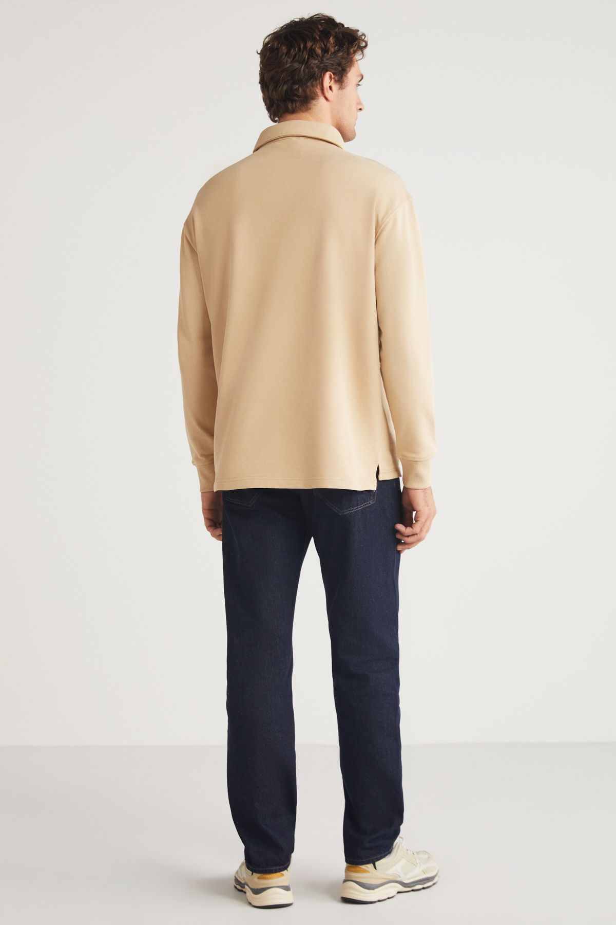 GRIMELANGE Erkek Polo Sweat Gömlek Yakalı Organik Pamuklu Yırtmaçlı İçi Polarsız BEJ Sweatshirt görsel 6