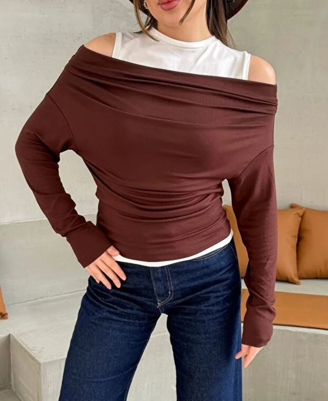 ginger love Kadın Omuz Pile Detaylı Kayık Yaka Atlet detaylı Yeni Sezon Sweatshirt Kahverengi
