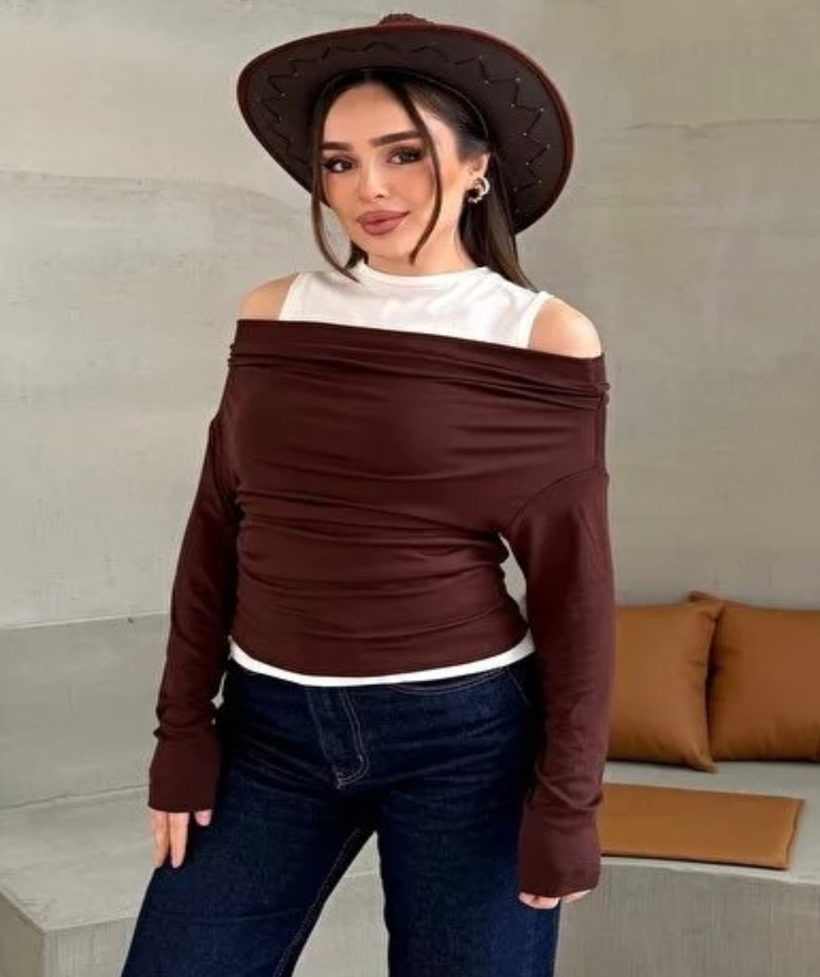 ginger love Kadın Omuz Pile Detaylı Kayık Yaka Atlet detaylı Yeni Sezon Sweatshirt Kahverengi görsel 2