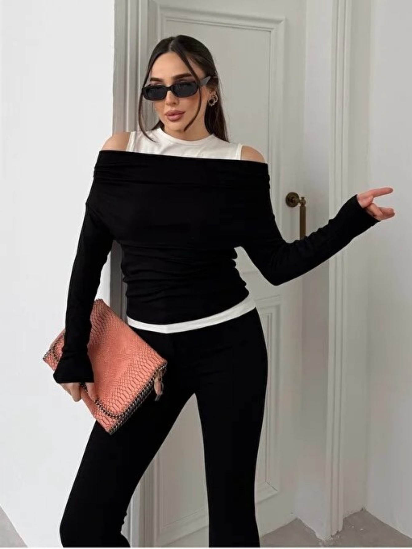 ginger love Kadın Omuz Pile Detaylı Kayık Yaka Atlet detaylı Yeni Sezon Sweatshirt Siyah