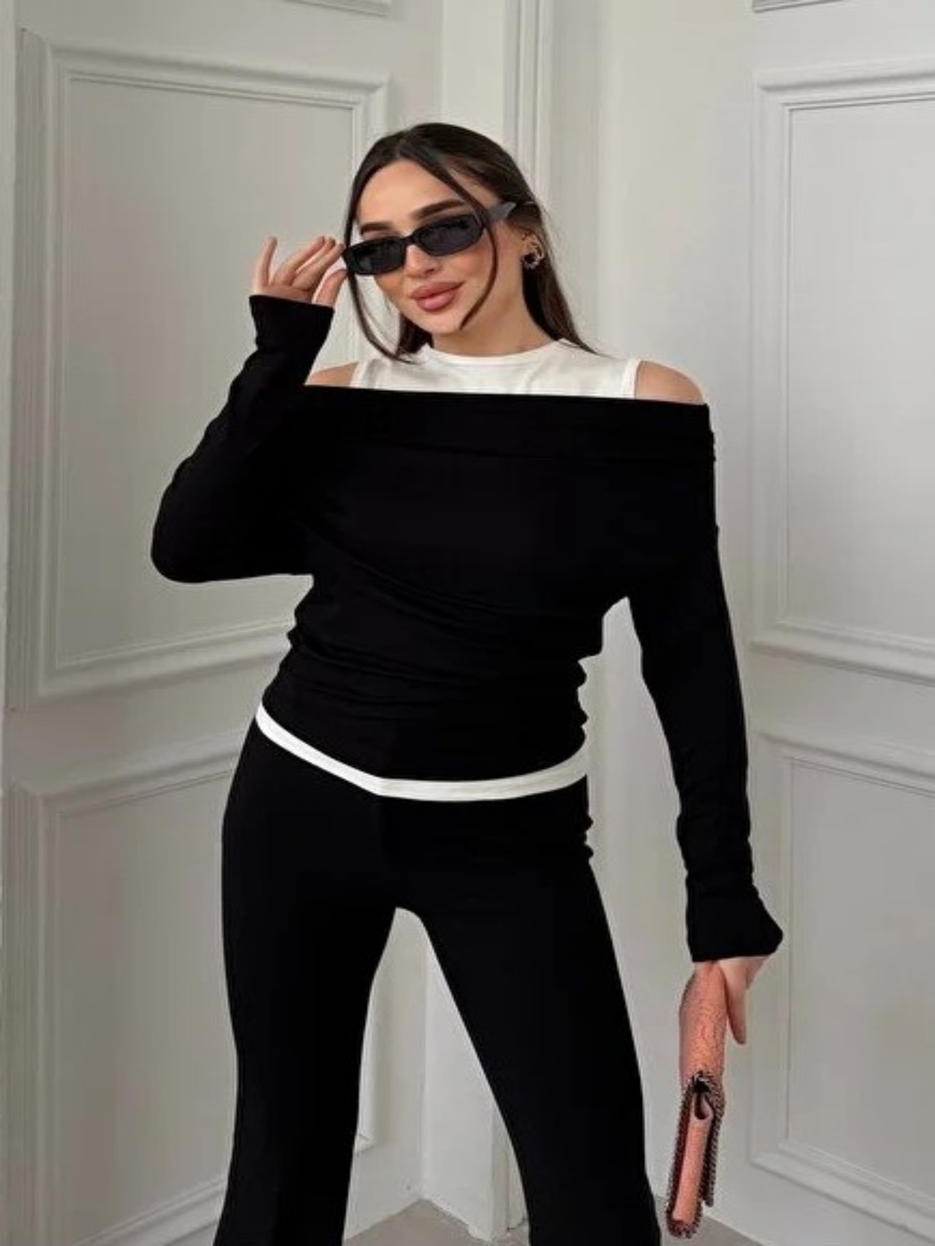 ginger love Kadın Omuz Pile Detaylı Kayık Yaka Atlet detaylı Yeni Sezon Sweatshirt Siyah görsel 2
