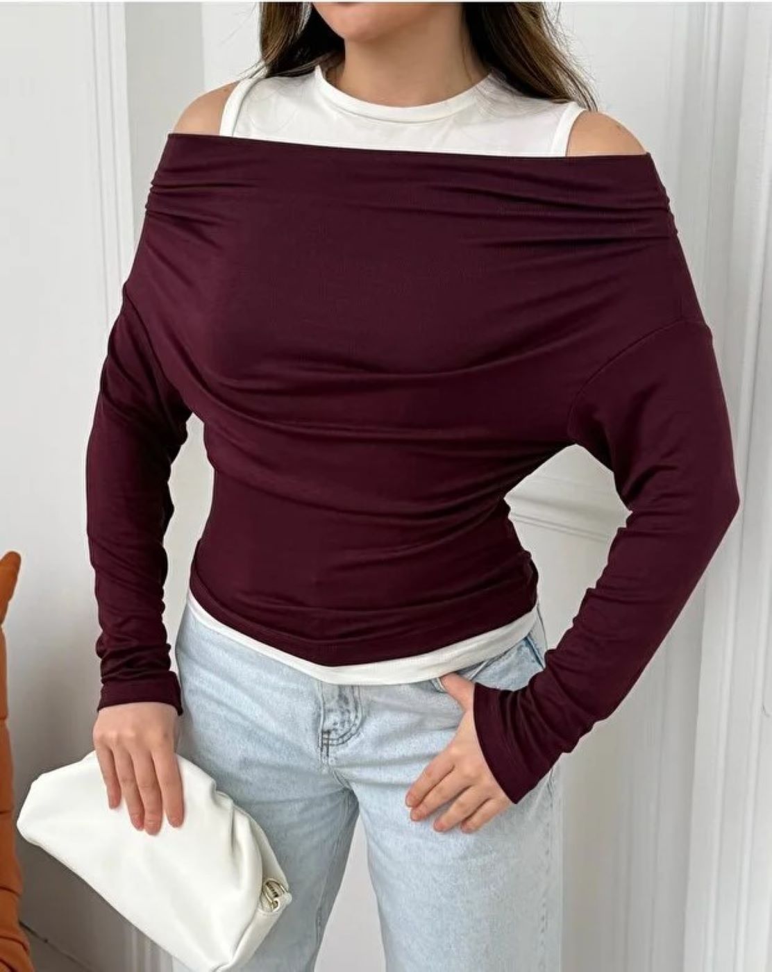 ginger love Kadın Omuz Pile Detaylı Kayık Yaka Atlet detaylı Yeni Sezon Sweatshirt Bordo