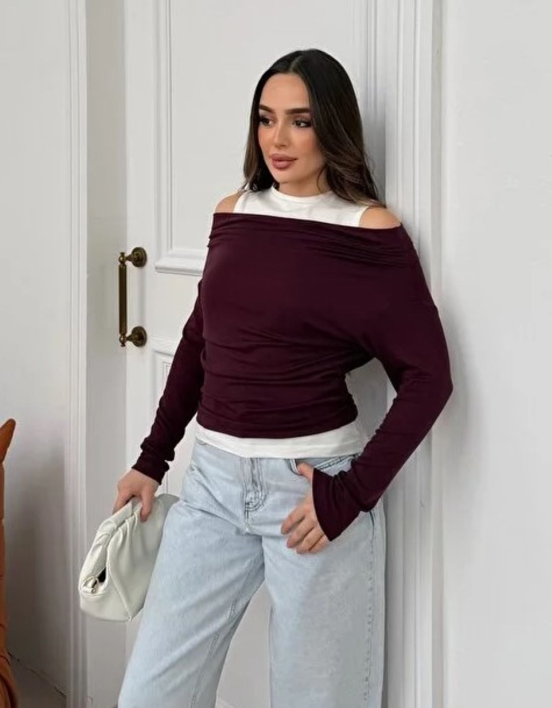 ginger love Kadın Omuz Pile Detaylı Kayık Yaka Atlet detaylı Yeni Sezon Sweatshirt Bordo görsel 2