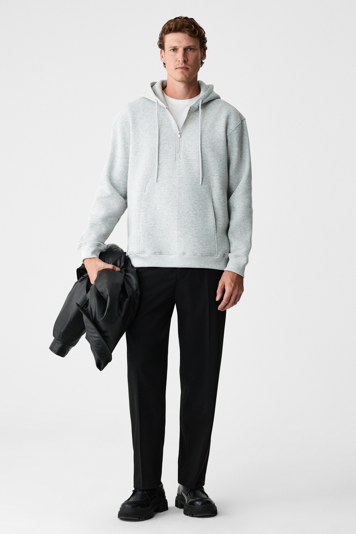 GRIMELANGE Erkek Kapüşonlu Kanguru Cepli Fermuar Yakalı GRİ MELANJ Sweatshirt