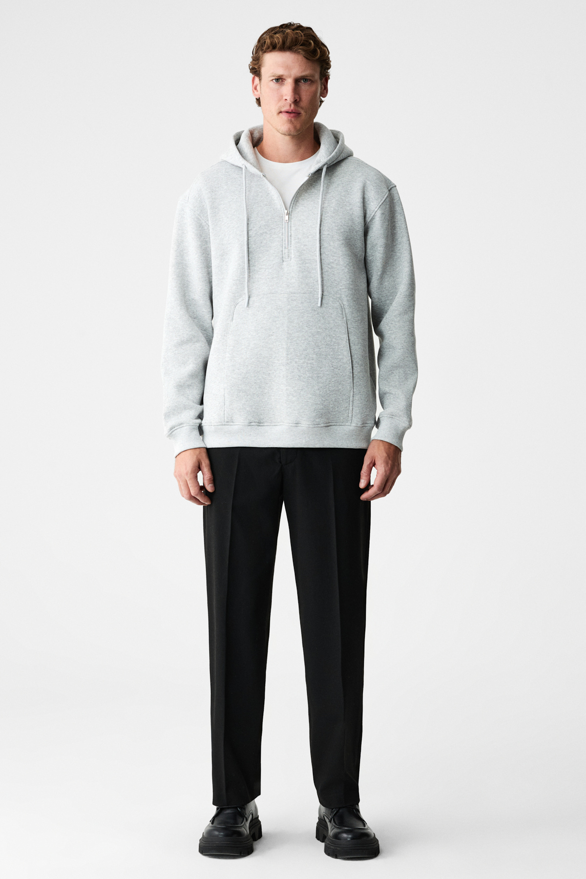 GRIMELANGE Erkek Kapüşonlu Kanguru Cepli Fermuar Yakalı GRİ MELANJ Sweatshirt görsel 2