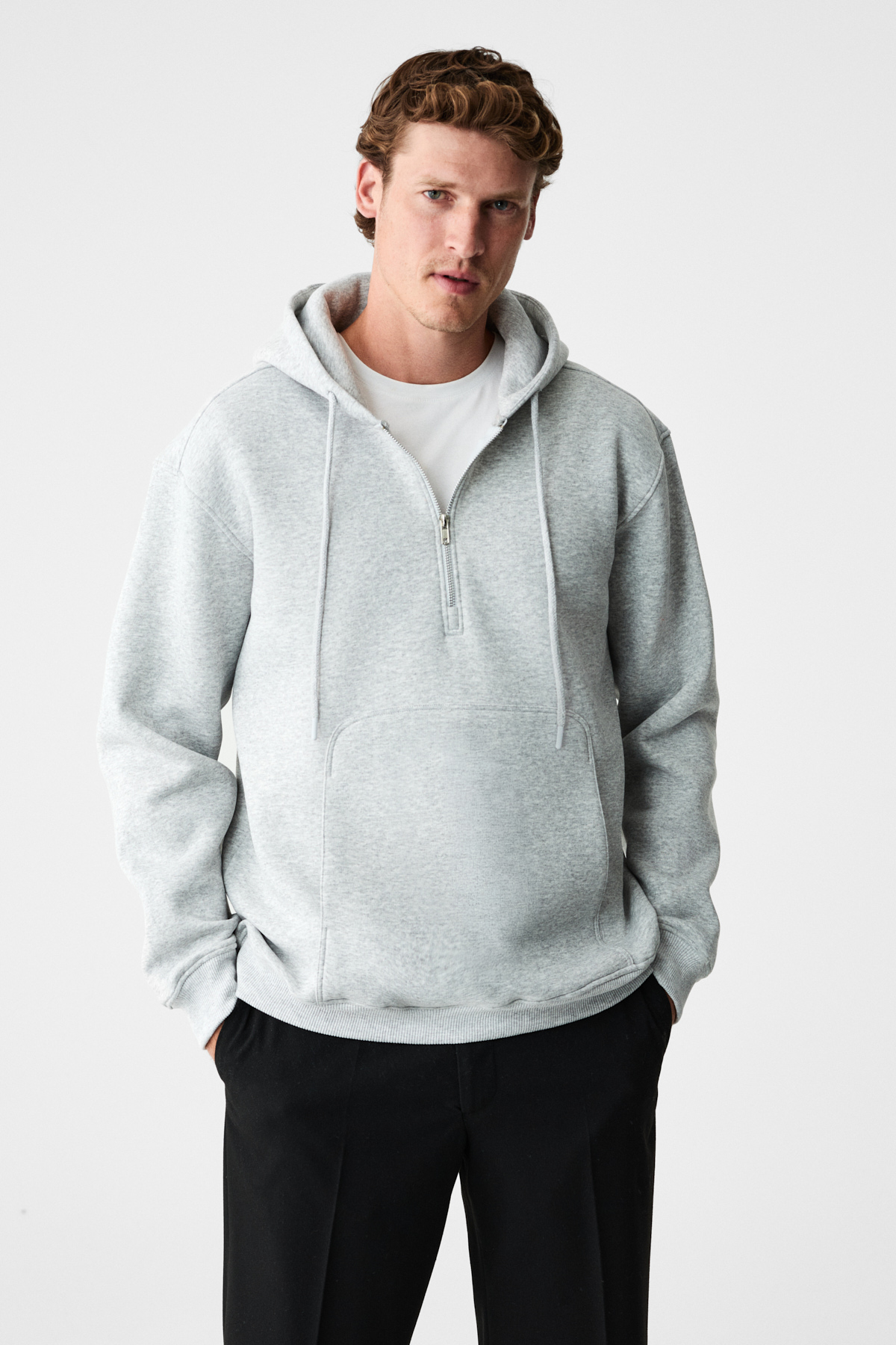 GRIMELANGE Erkek Kapüşonlu Kanguru Cepli Fermuar Yakalı GRİ MELANJ Sweatshirt görsel 3