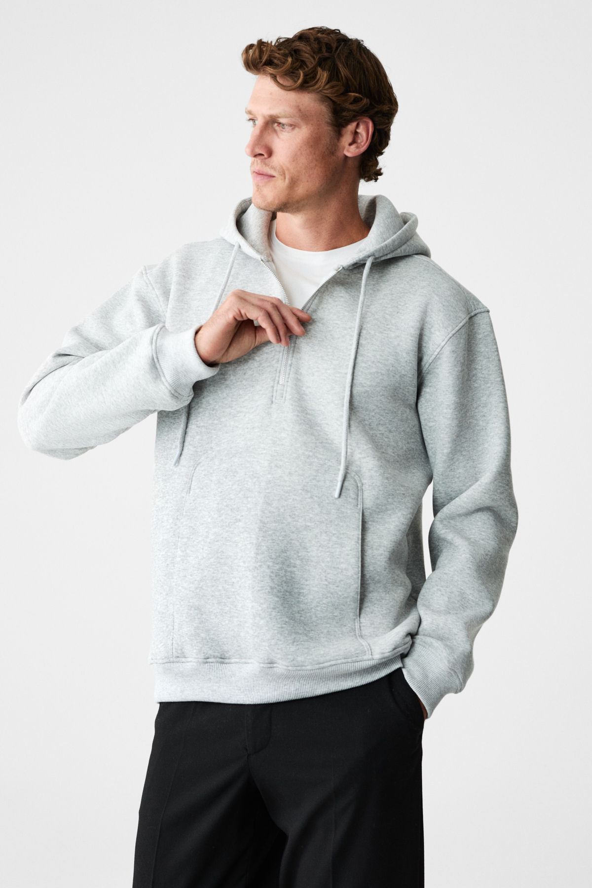 GRIMELANGE Erkek Kapüşonlu Kanguru Cepli Fermuar Yakalı GRİ MELANJ Sweatshirt görsel 5