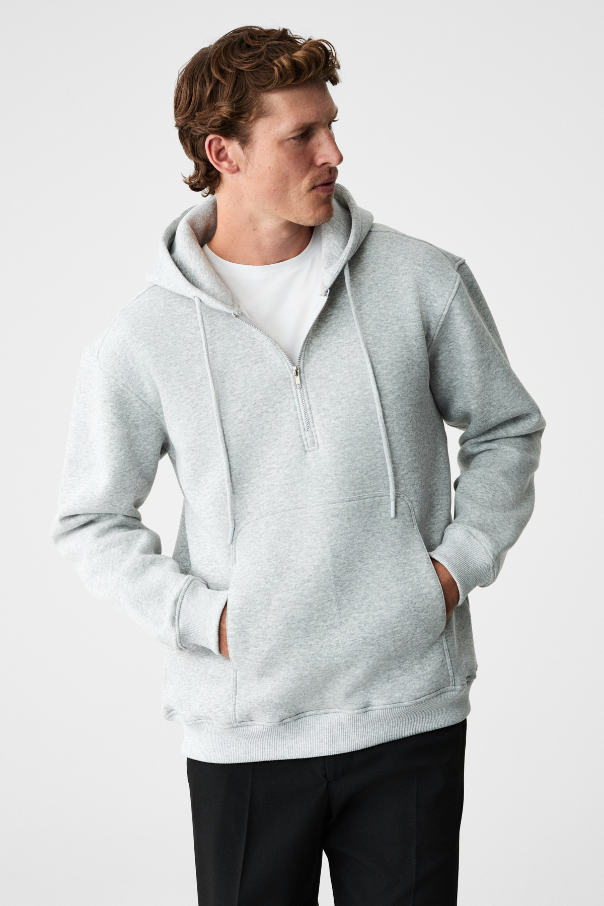 GRIMELANGE Erkek Kapüşonlu Kanguru Cepli Fermuar Yakalı GRİ MELANJ Sweatshirt görsel 6