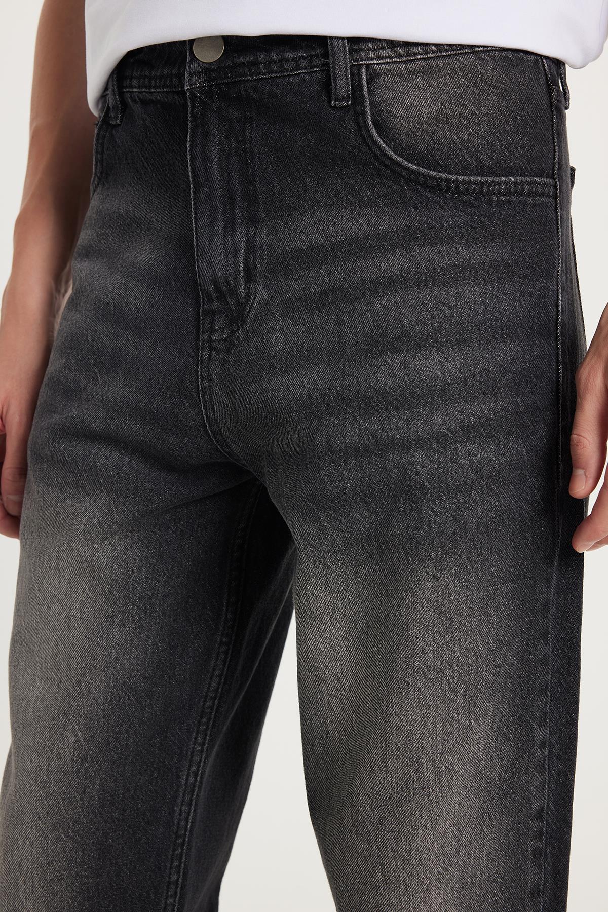 TUDORS Erkek Relax Fit Geniş Kesim Boru Paça Yıkamalı Taşlamalı Boyfriend Esnek Siyah Jean Pantolon görsel 3