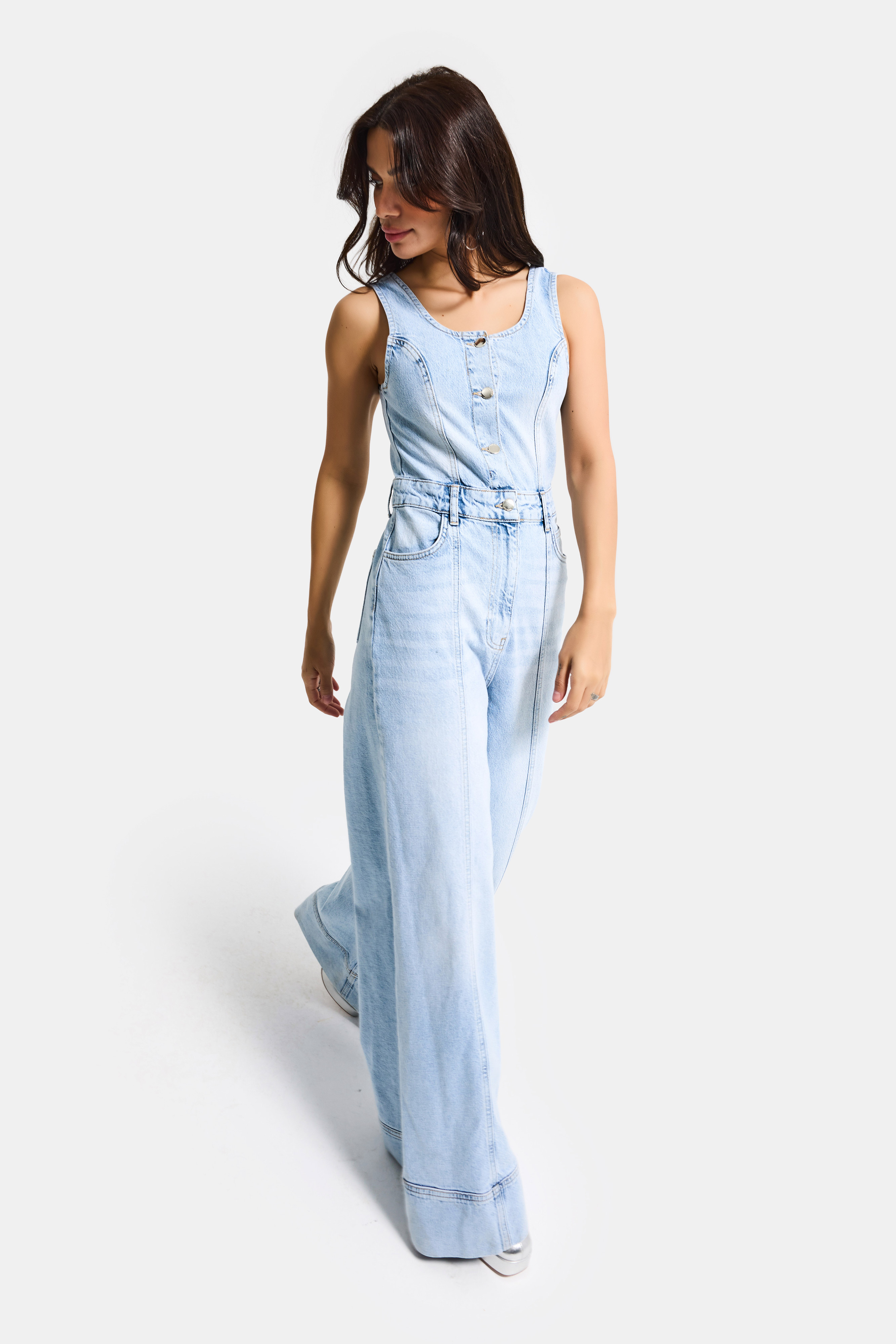 It's Basic Kadın Ice 4s6-3 Palazzo Fit %100 Pamuk Denim Salopet Tulum
