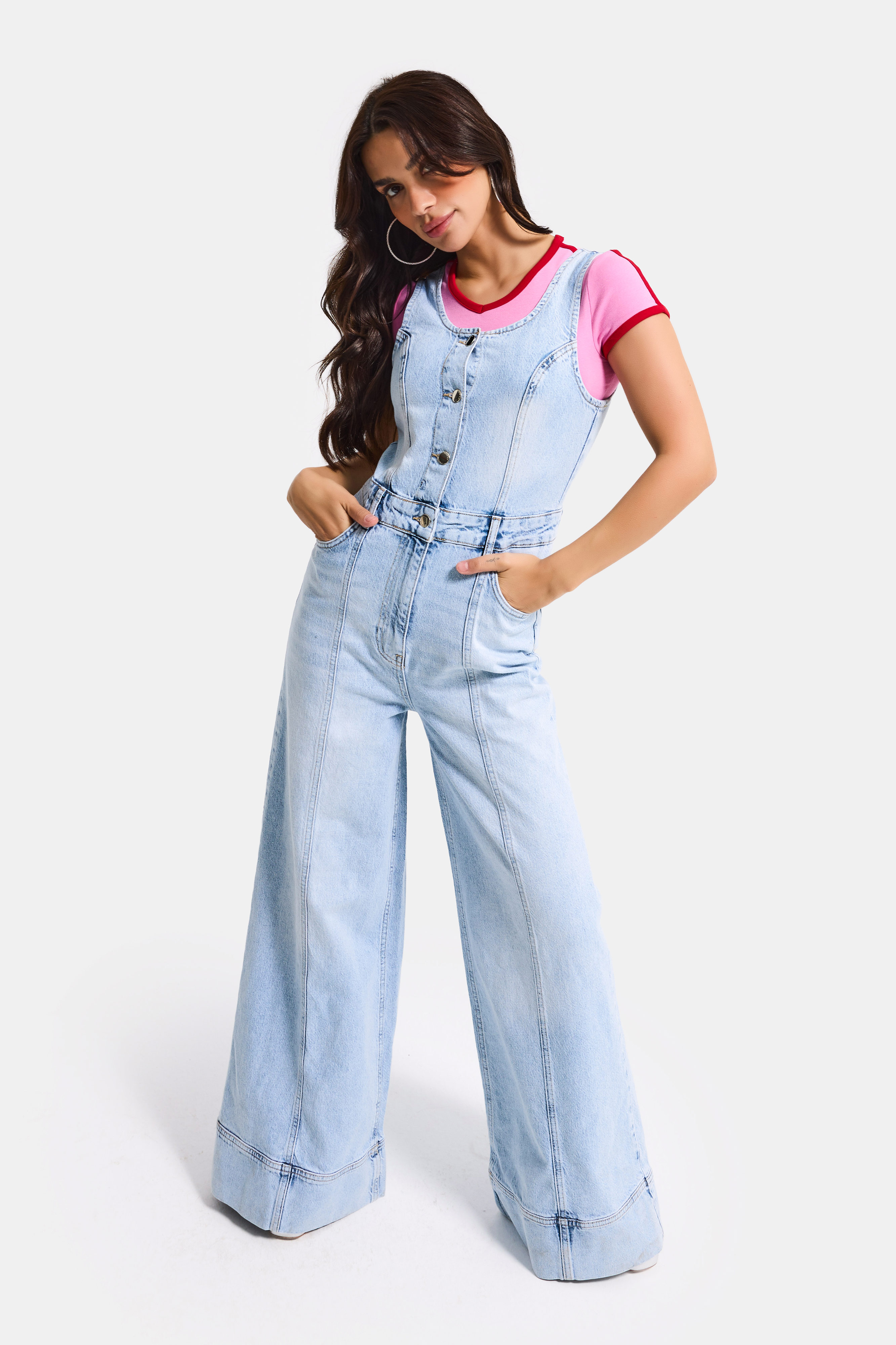 It's Basic Kadın Ice 4s6-3 Palazzo Fit %100 Pamuk Denim Salopet Tulum görsel 4