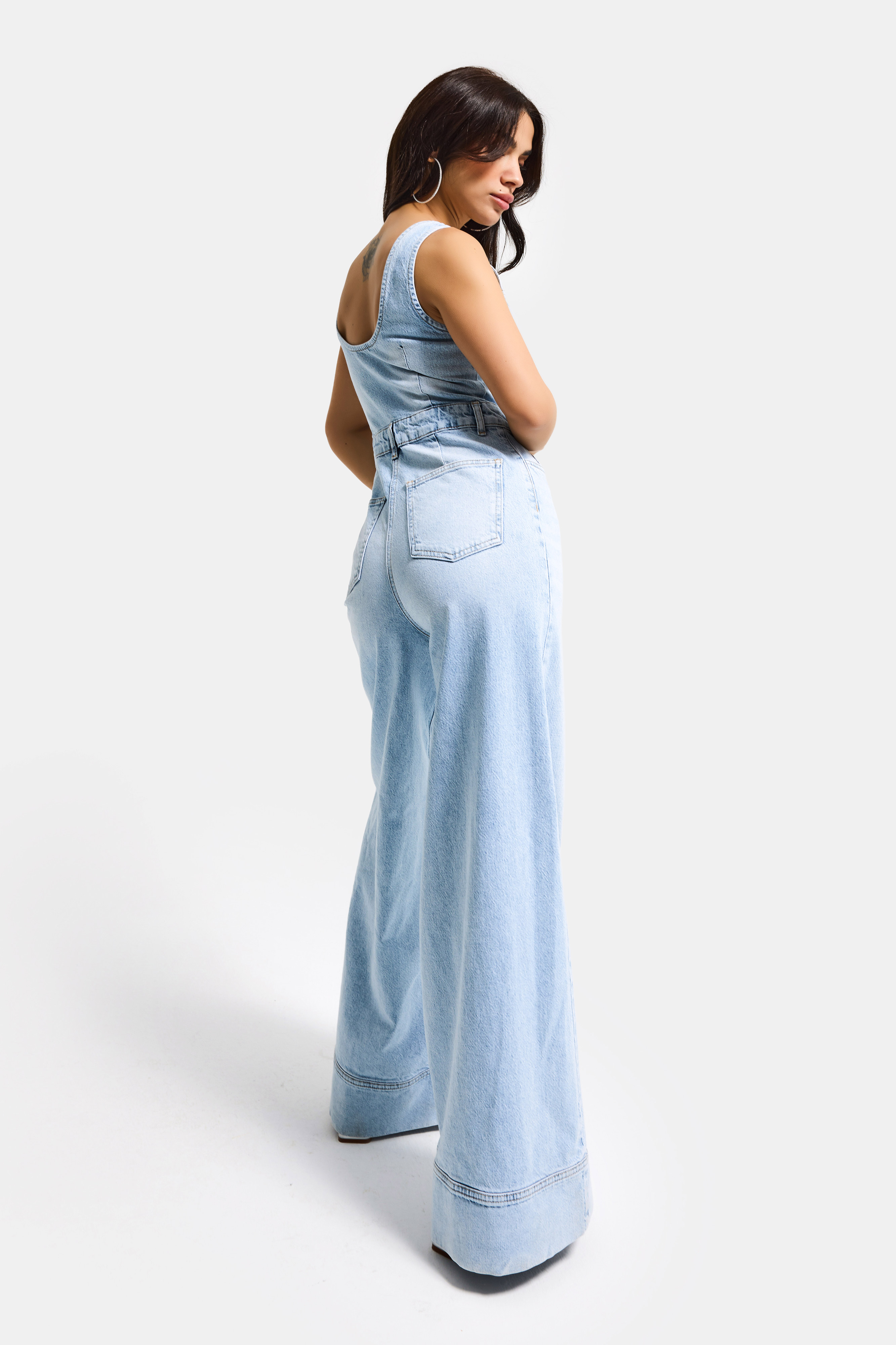 It's Basic Kadın Ice 4s6-3 Palazzo Fit %100 Pamuk Denim Salopet Tulum görsel 5