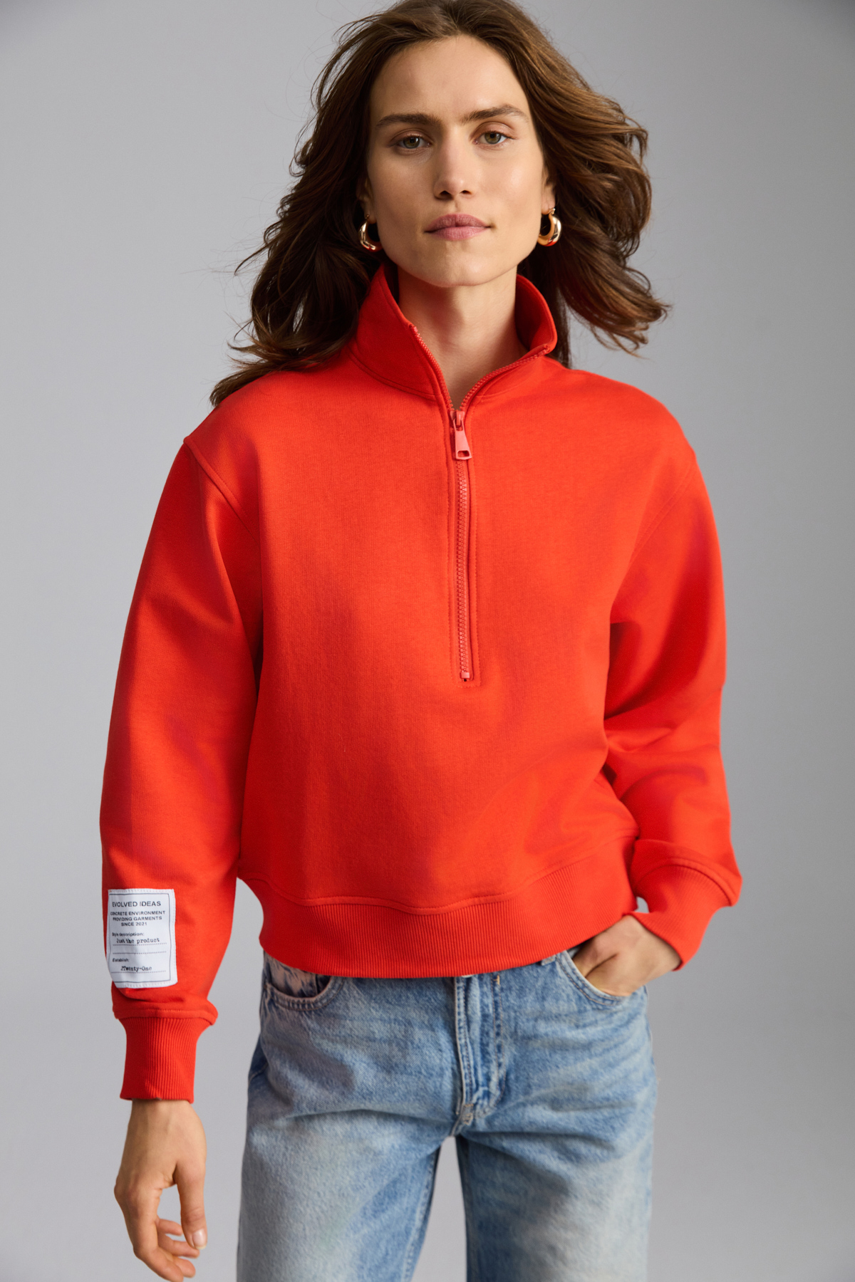 ETHIQUET SAILENIS Kadın Yumuşacık İçi Şardonlu Organik Pamuk Yarım Fermuarlı Regular KIRMIZI Sweatshirt görsel 3