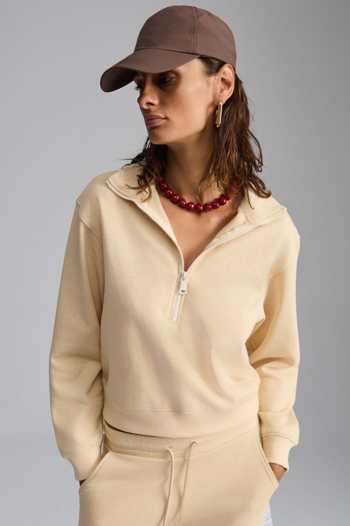 ETHIQUET SAILENIS Kadın Yumuşacık İçi Şardonlu Organik Pamuk Yarım Fermuarlı Regular KREM Sweatshirt görsel 5