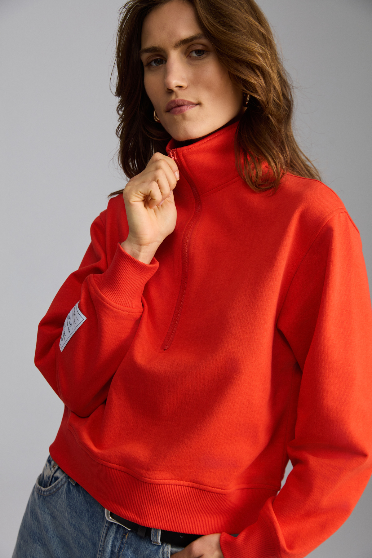 ETHIQUET SAILENIS Kadın Yumuşacık İçi Şardonlu Organik Pamuk Yarım Fermuarlı Regular KIRMIZI Sweatshirt görsel 5