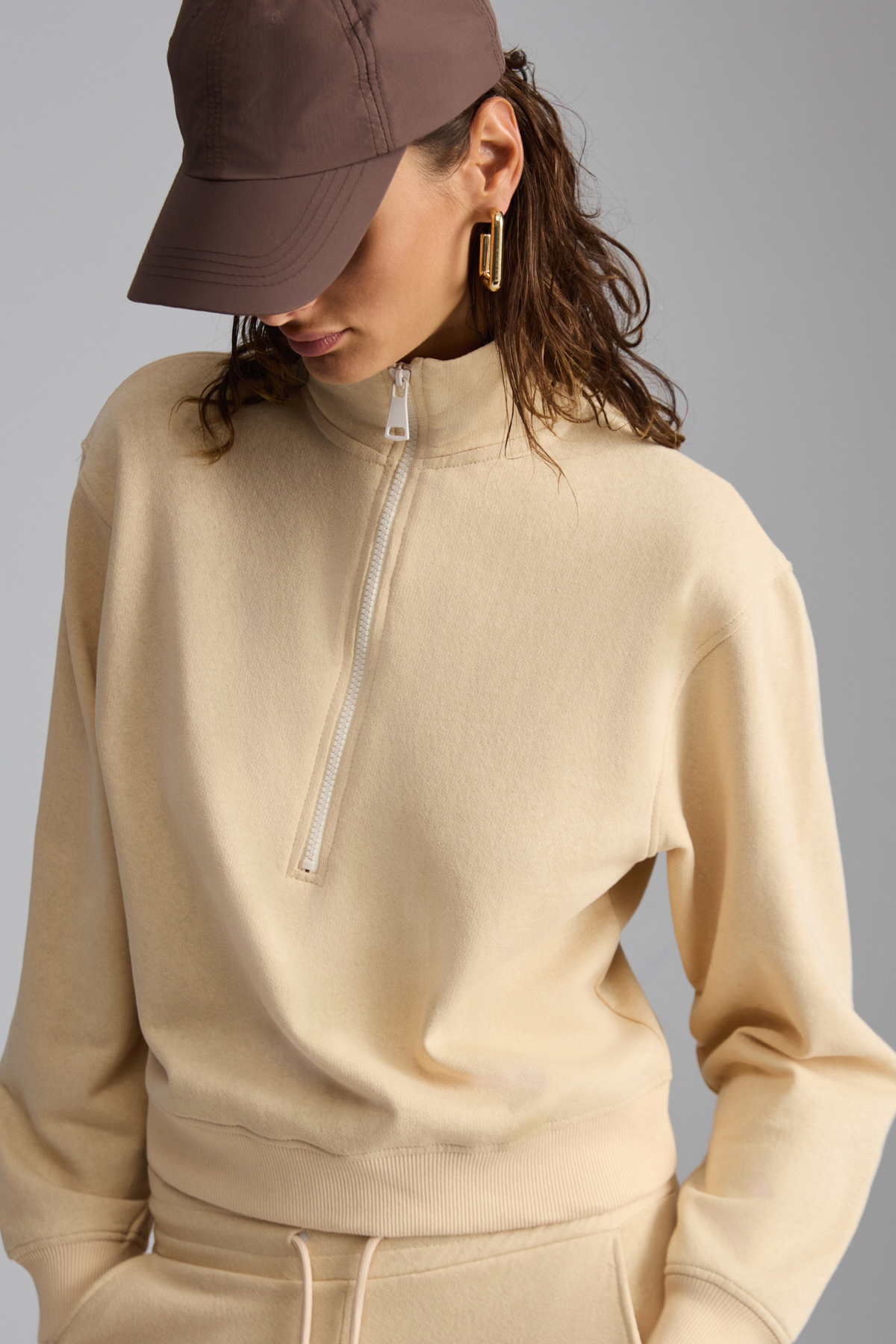 ETHIQUET SAILENIS Kadın Yumuşacık İçi Şardonlu Organik Pamuk Yarım Fermuarlı Regular KREM Sweatshirt görsel 6