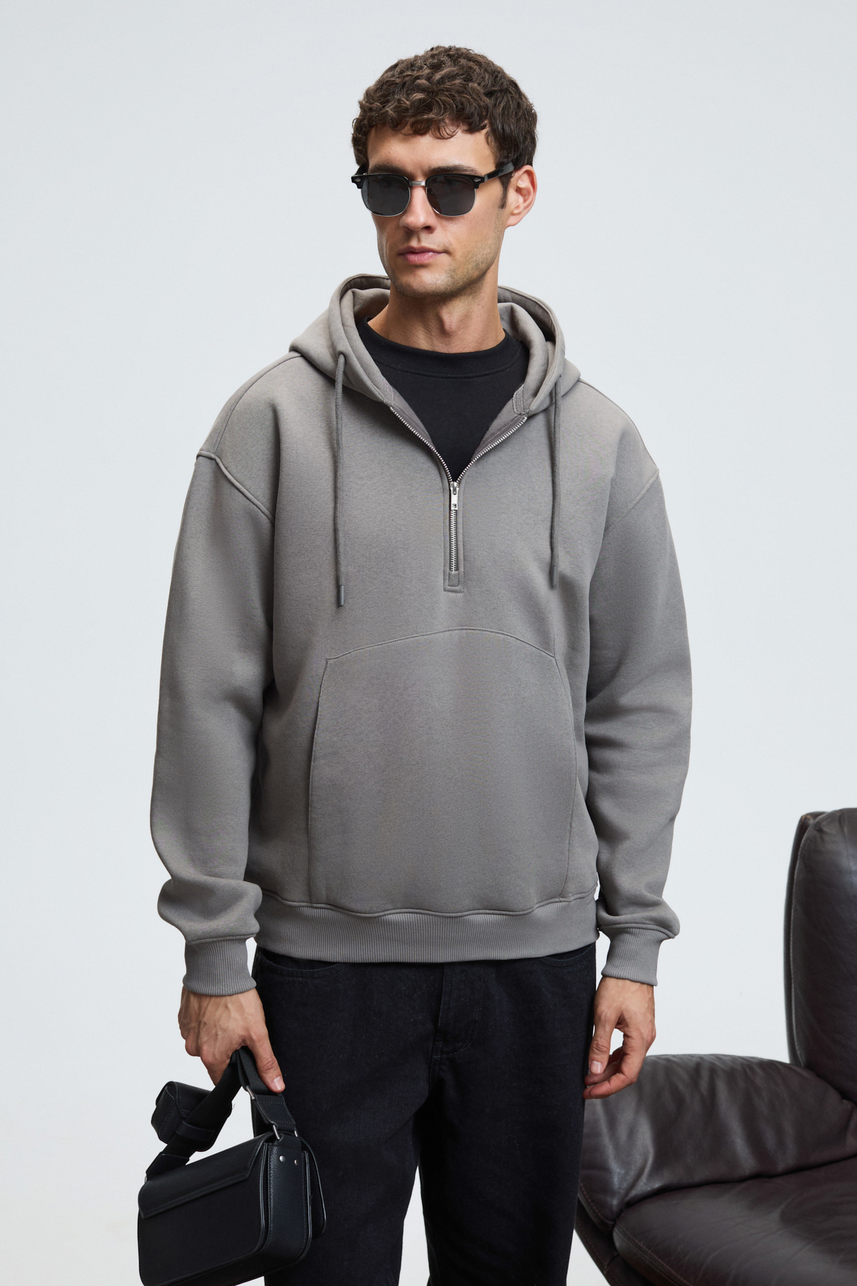 GRIMELANGE Erkek Kapüşonlu Kanguru Cepli Fermuar Yakalı KOYU GRİ Sweatshirt