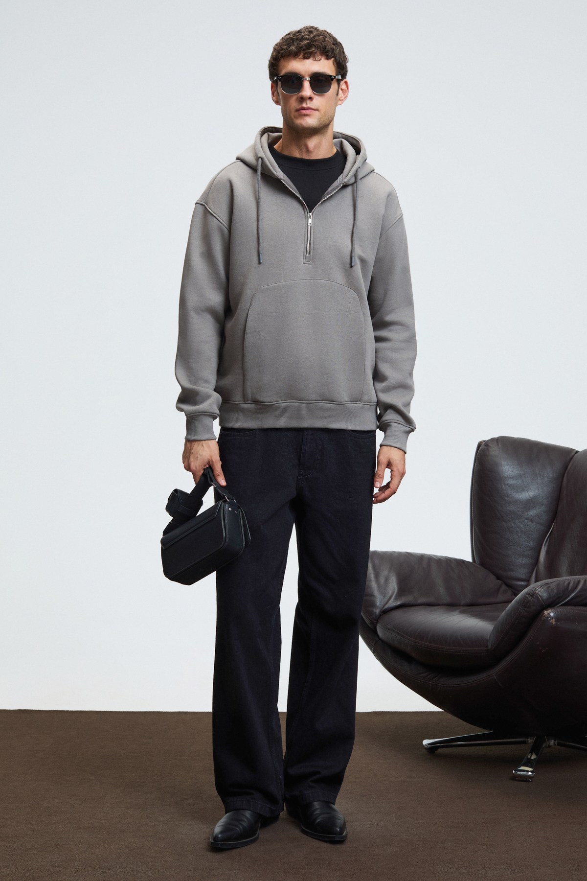 GRIMELANGE Erkek Kapüşonlu Kanguru Cepli Fermuar Yakalı KOYU GRİ Sweatshirt görsel 3