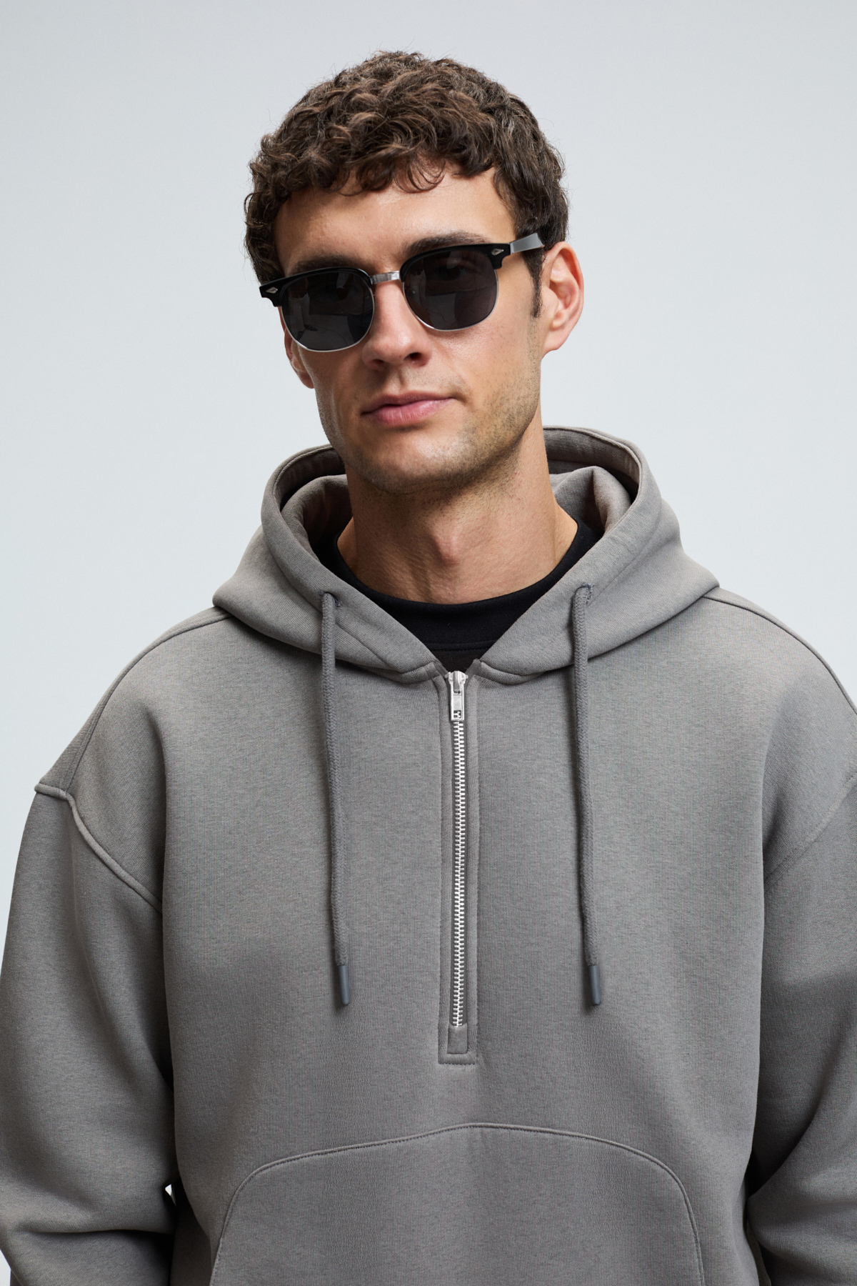 GRIMELANGE Erkek Kapüşonlu Kanguru Cepli Fermuar Yakalı KOYU GRİ Sweatshirt görsel 5