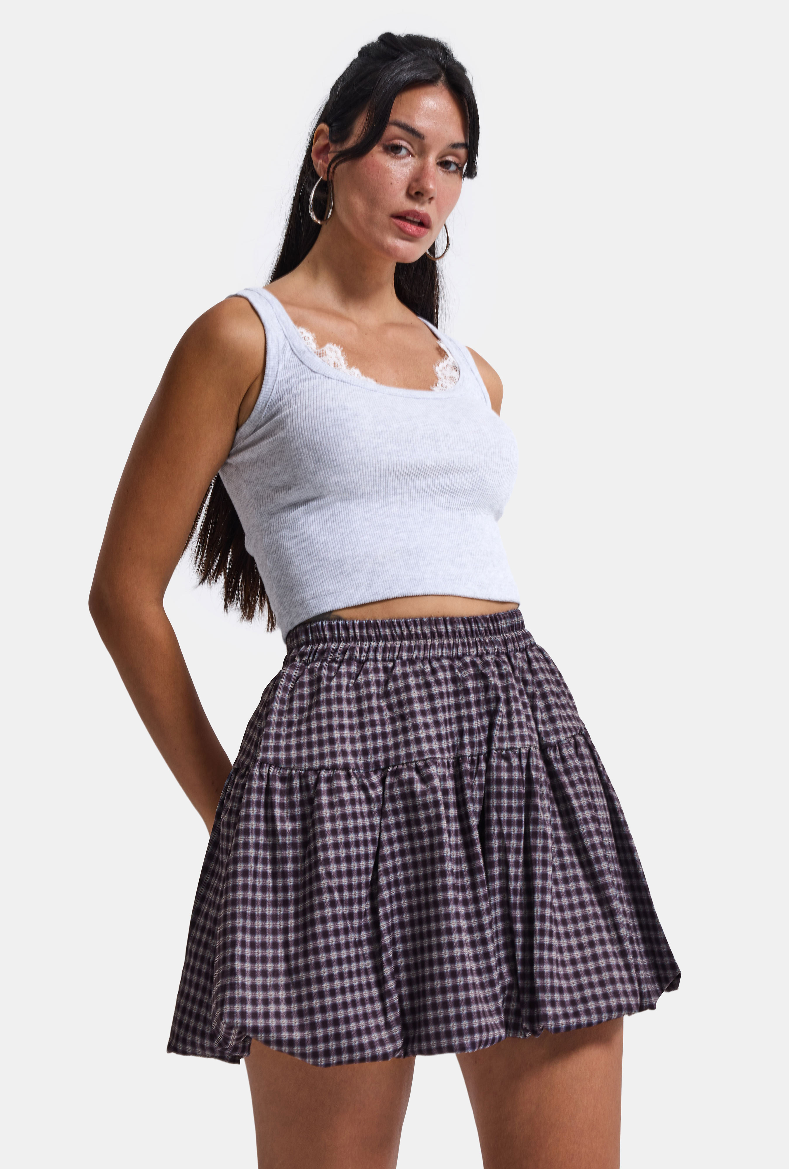 It's Basic Kadın Mor Ekose Mini İçi Şortlu Etek görsel 2