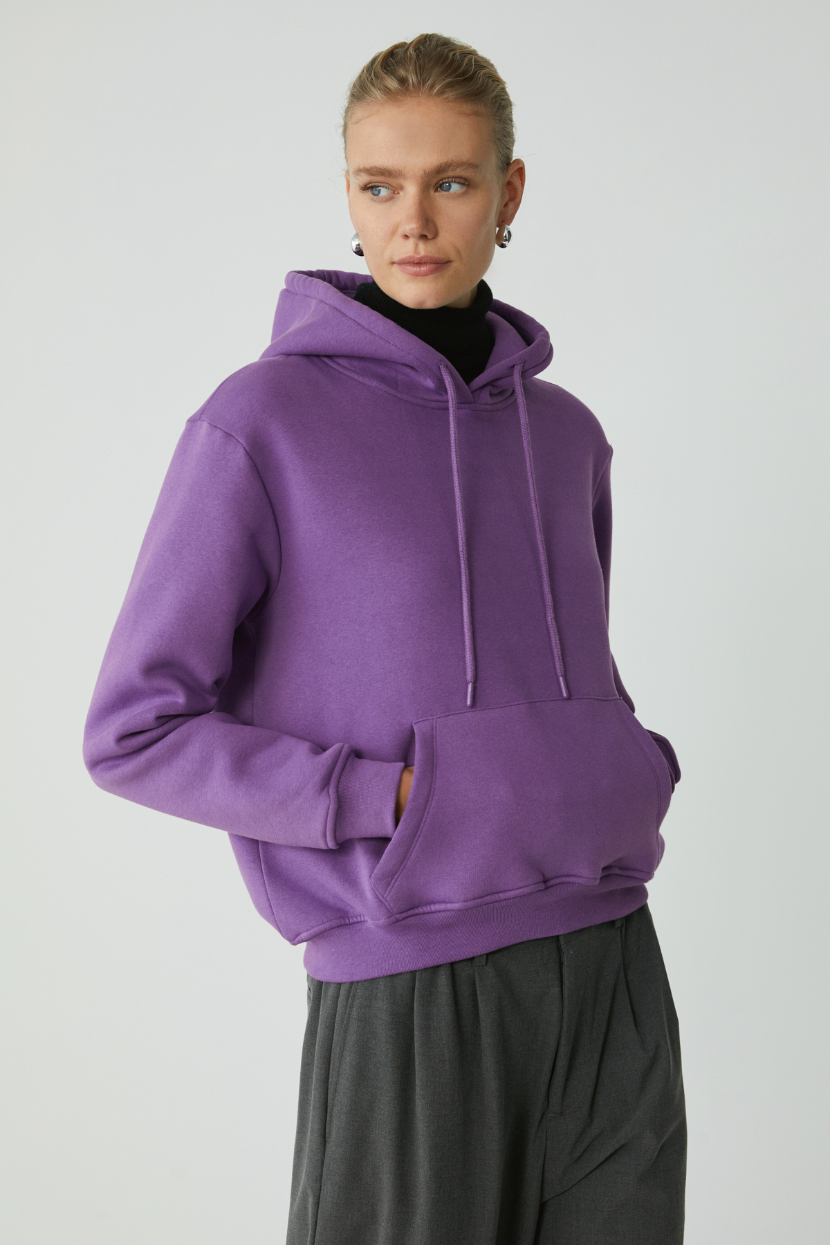 ETHIQUET DİANE Kadın İçi Polarlı Yumuşacık Comfort Fit Kapüşonlu MOR Sweatshirt görsel 4